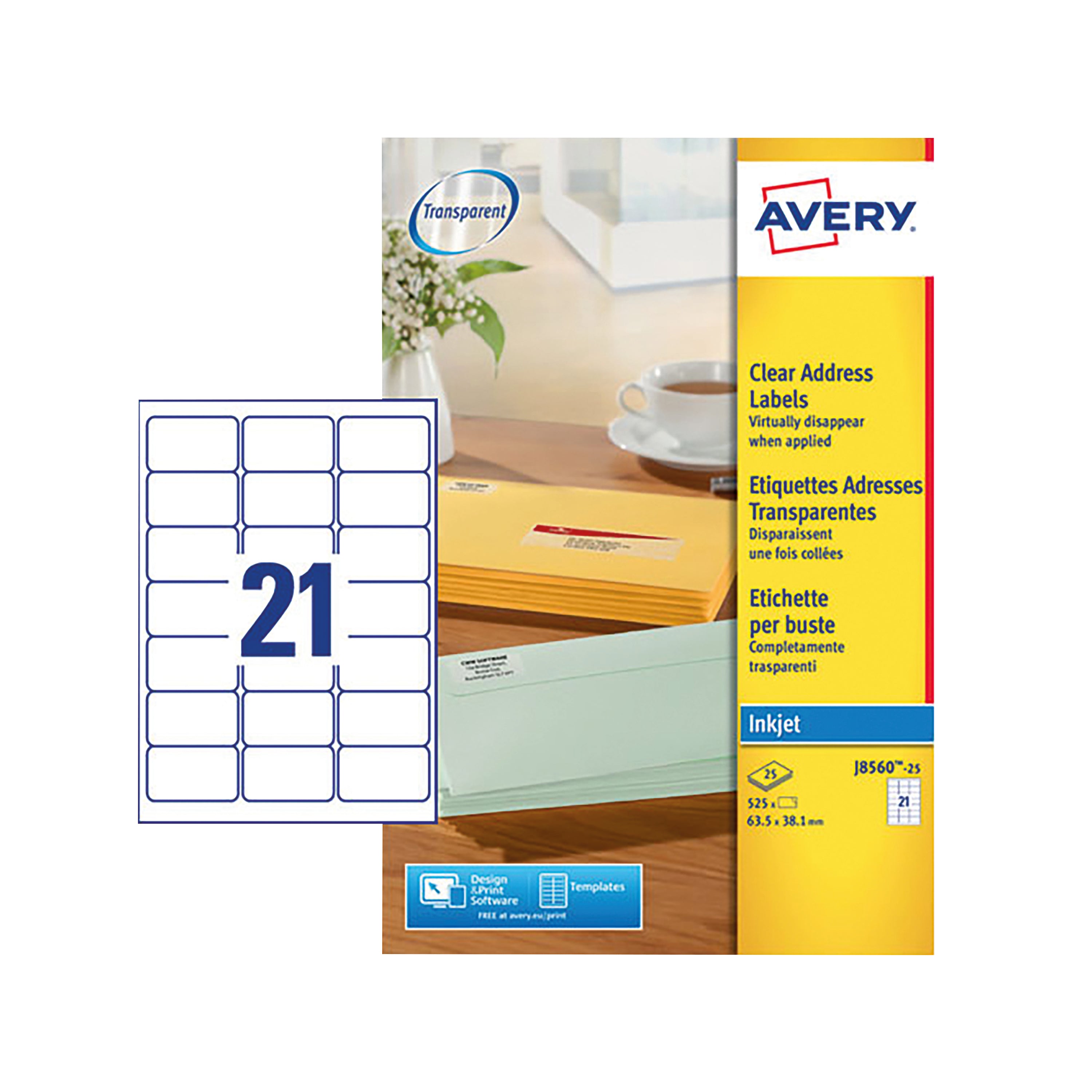 A sheet of Avery J8560 transparent labels for inkjet printers.