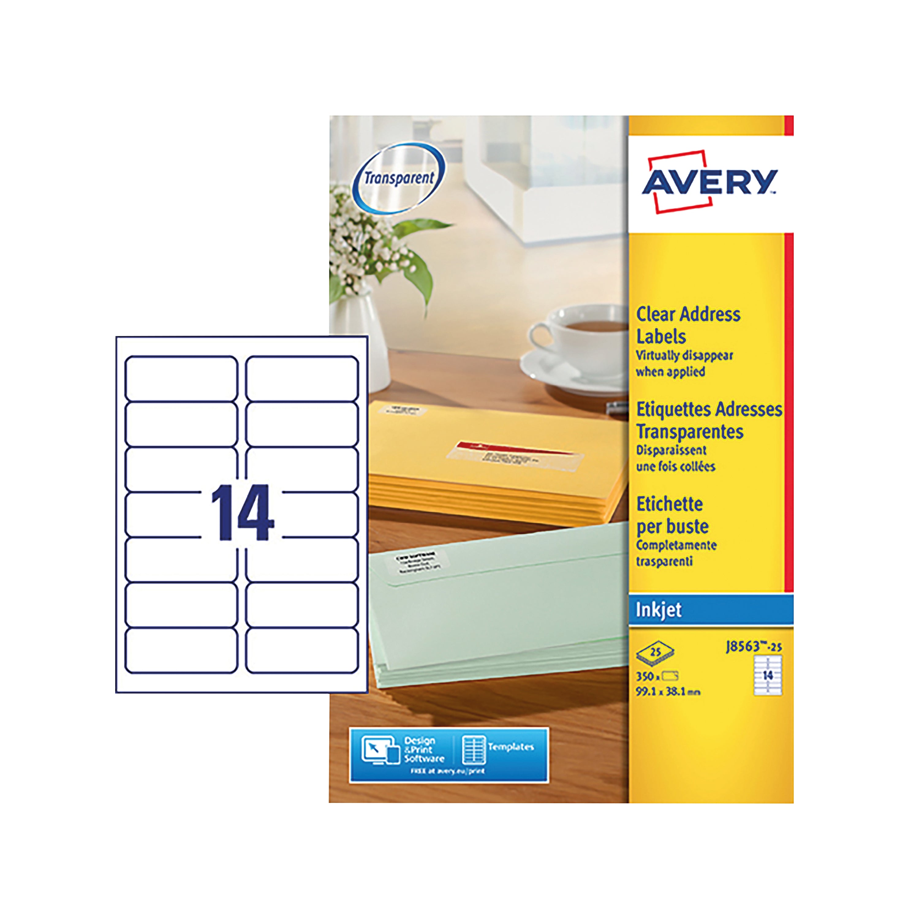 A sheet of 14 virtually invisible Avery J8563 address labels.