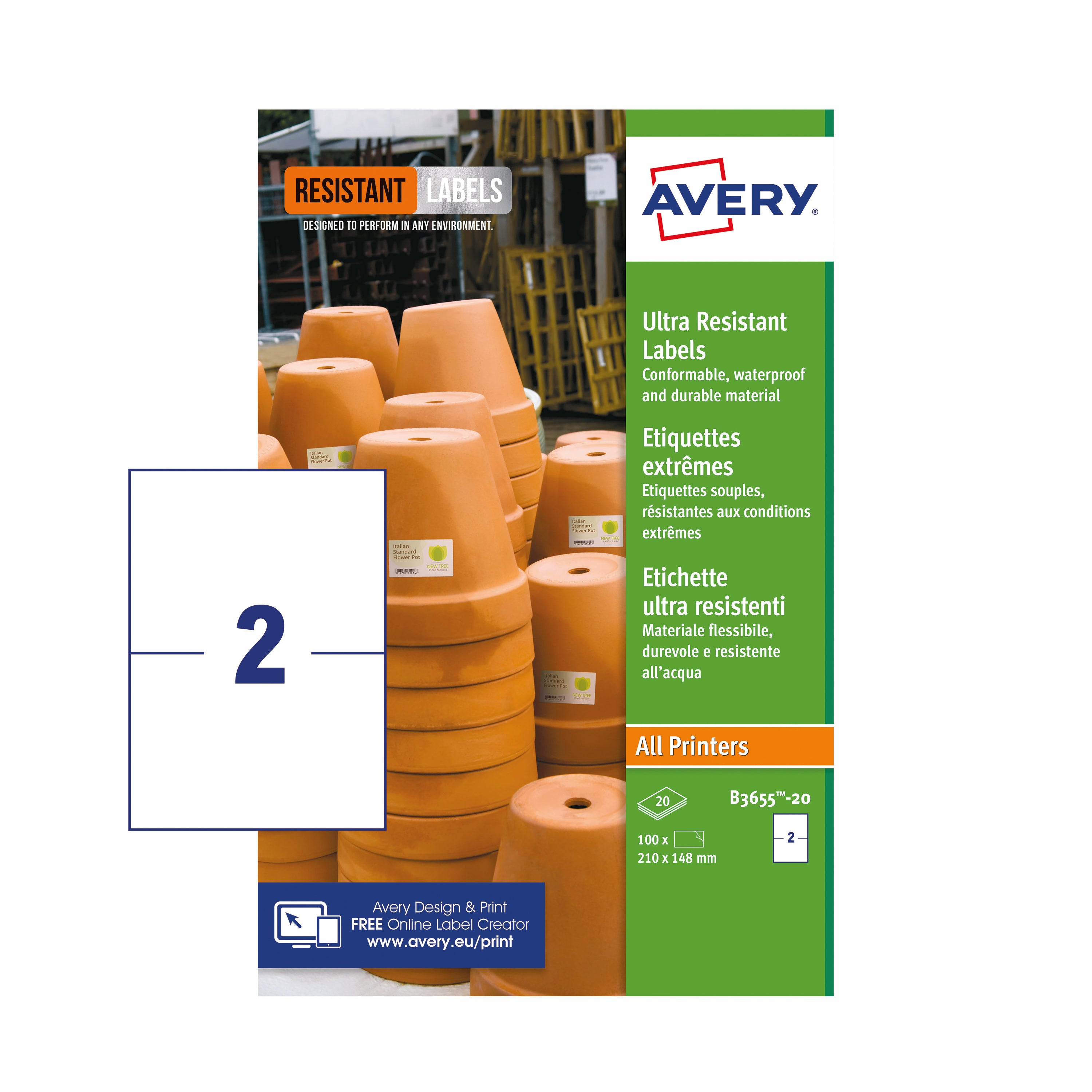 A sheet of two large Avery B3655 labels for harsh environments.
