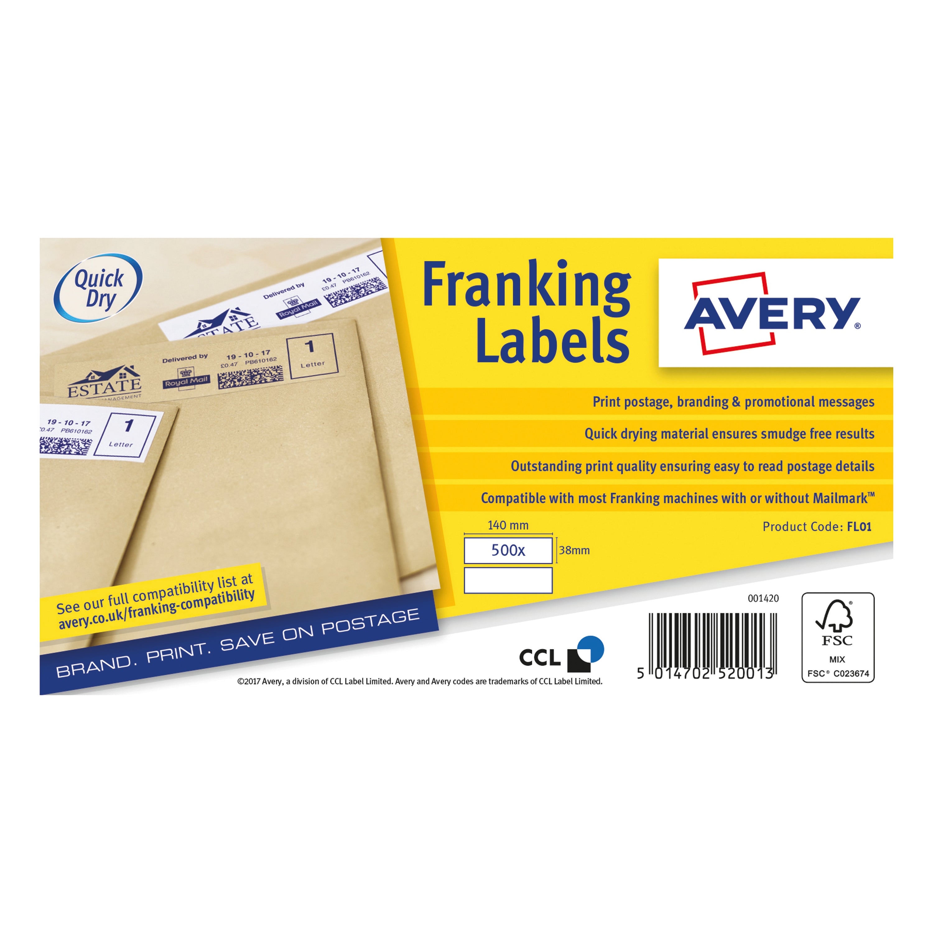 Avery FL01 franking labels in a pack of 1000.