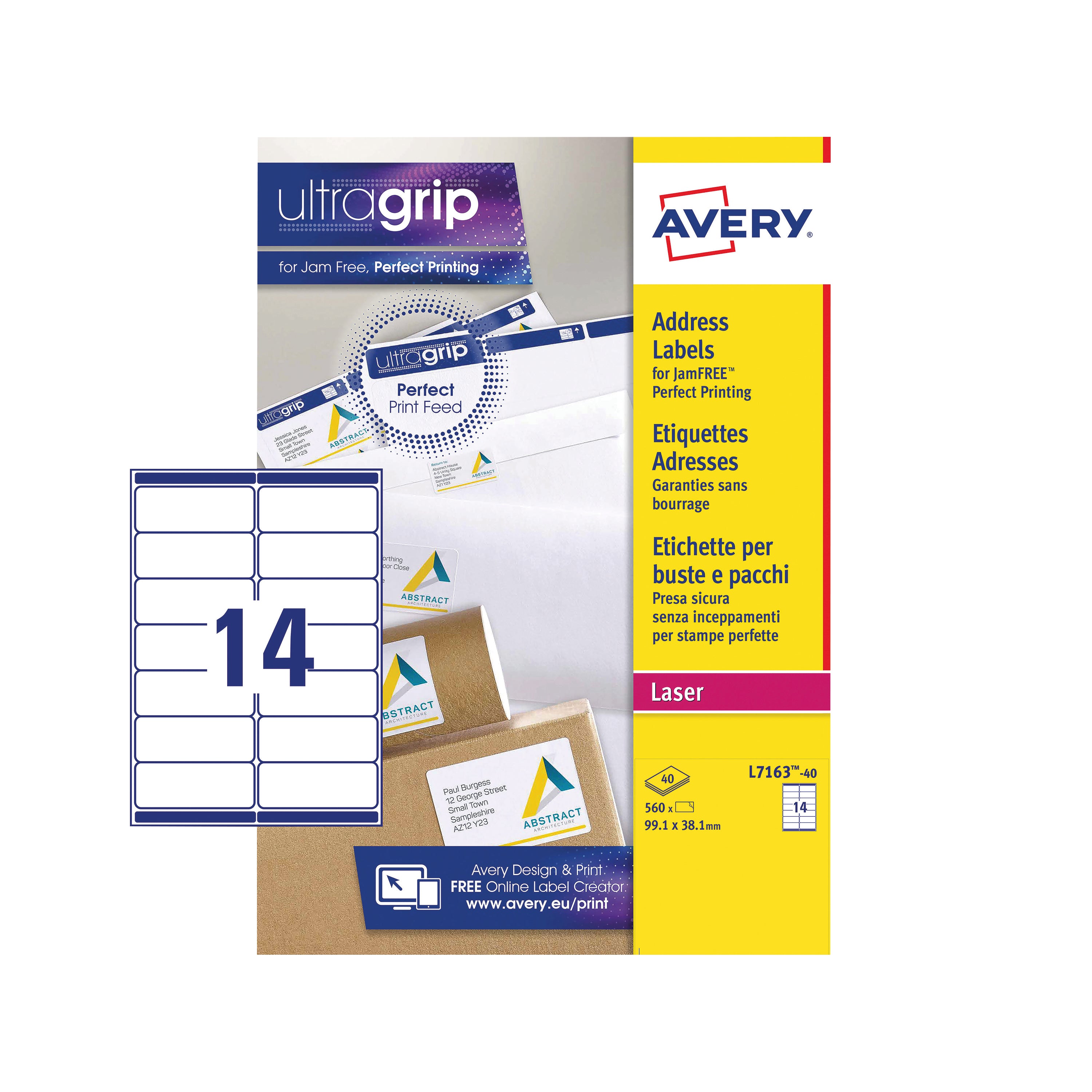 A sheet of 14 Avery L7163 white labels featuring the Ultragrip system.