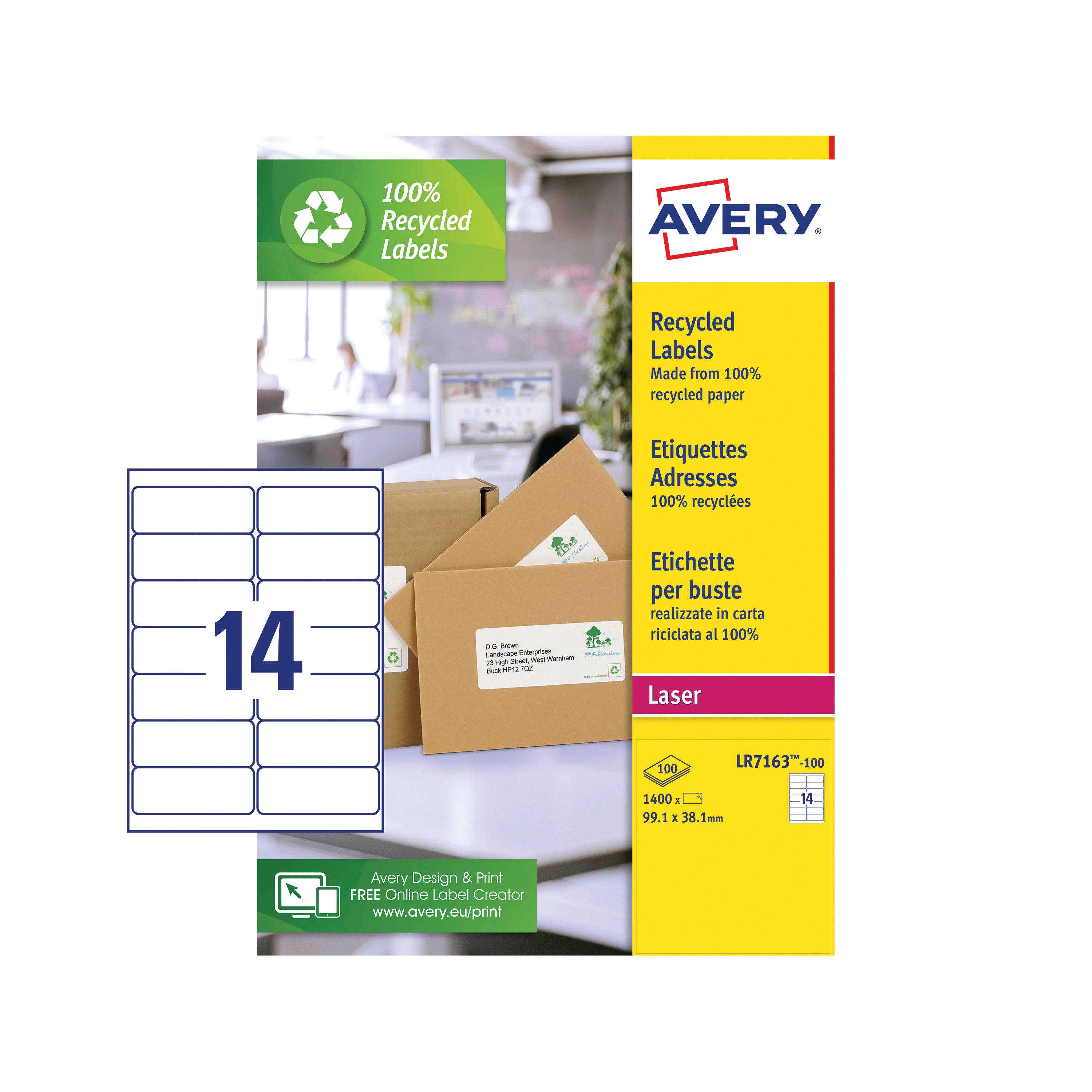 A sheet of 14 Avery LR7163 eco-friendly labels.