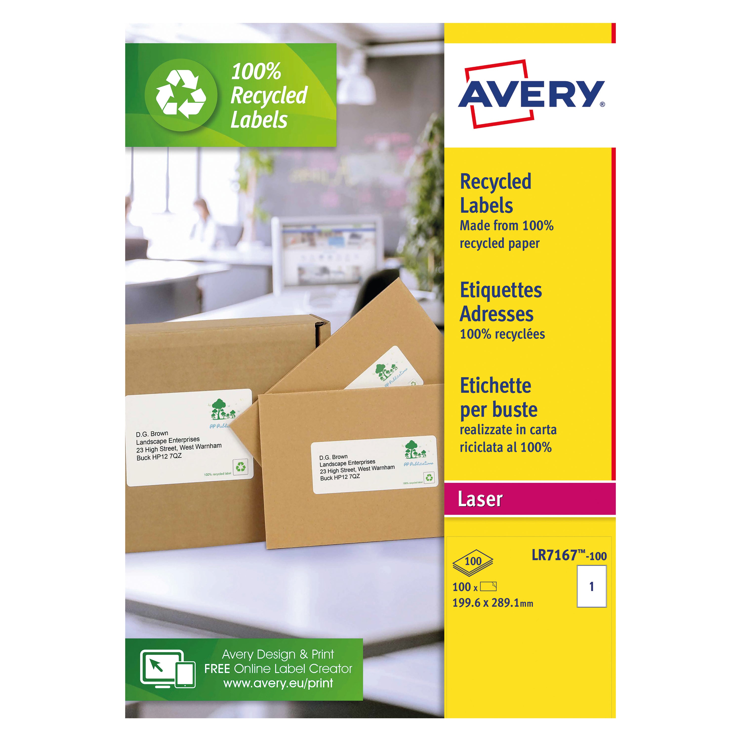 Avery LR7167-100 recycled full-sheet white labels, pack of 100.