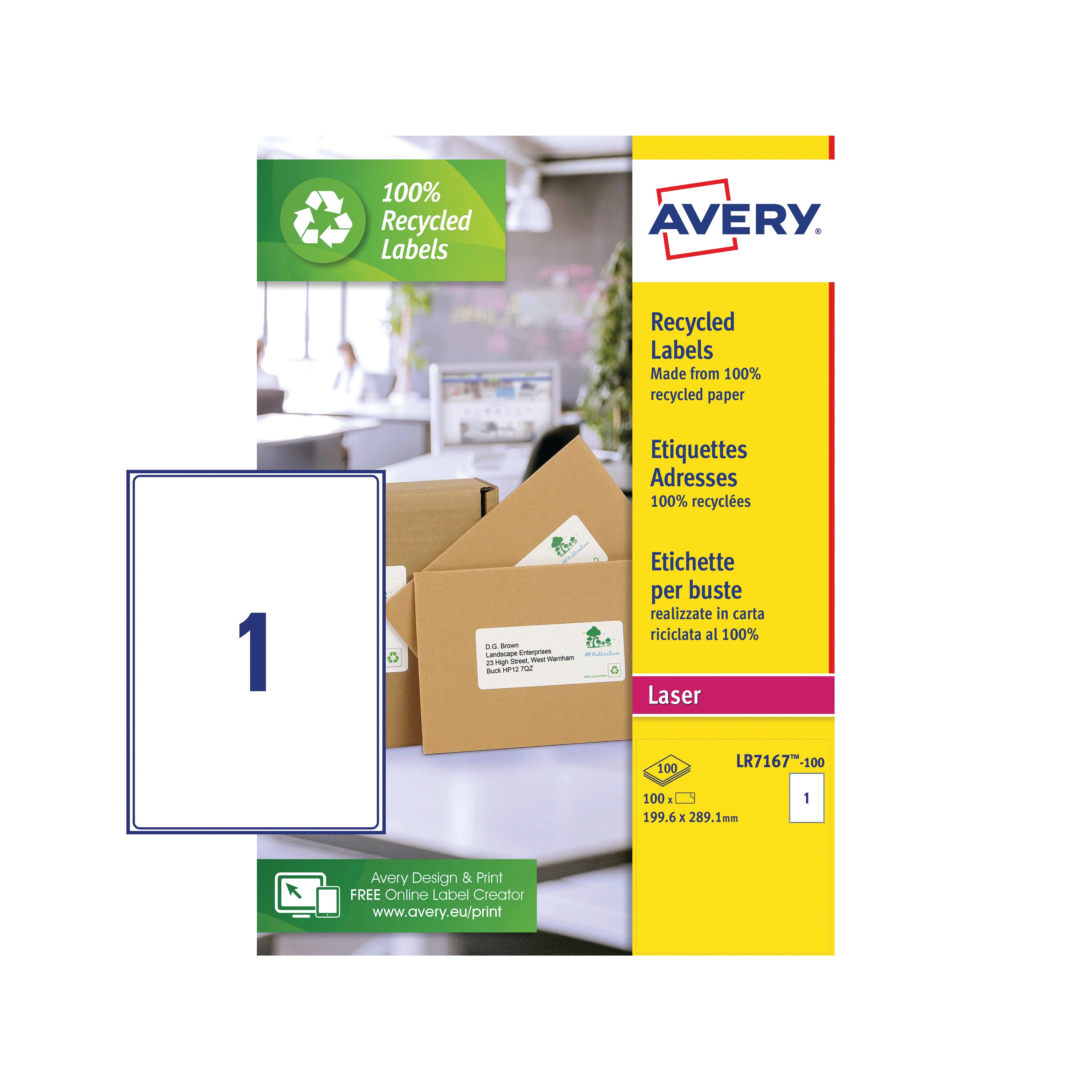 A single A4 sheet Avery LR7167 label made from 100% recycled paper.