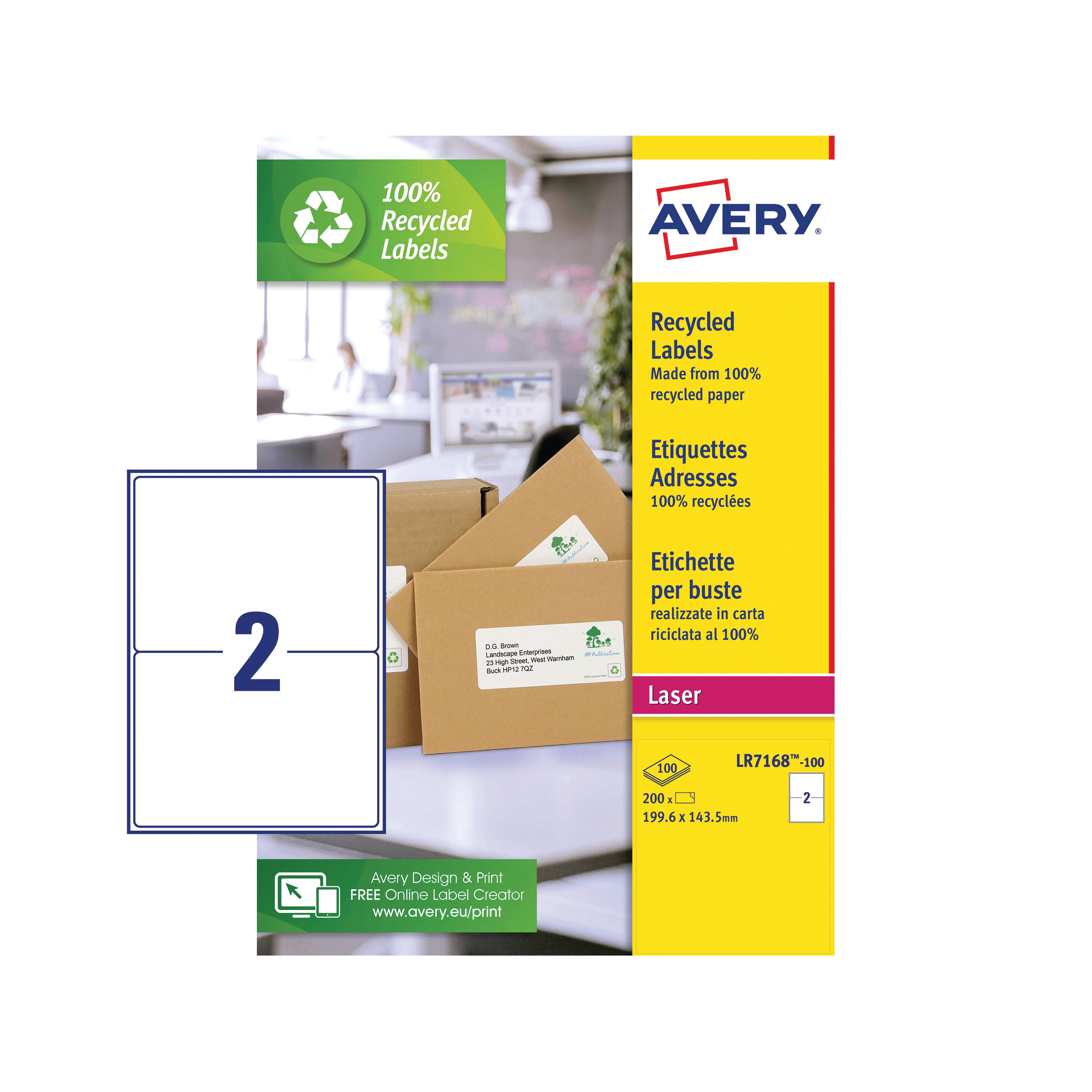 A sheet of two large Avery LR7168 labels made from recycled paper.