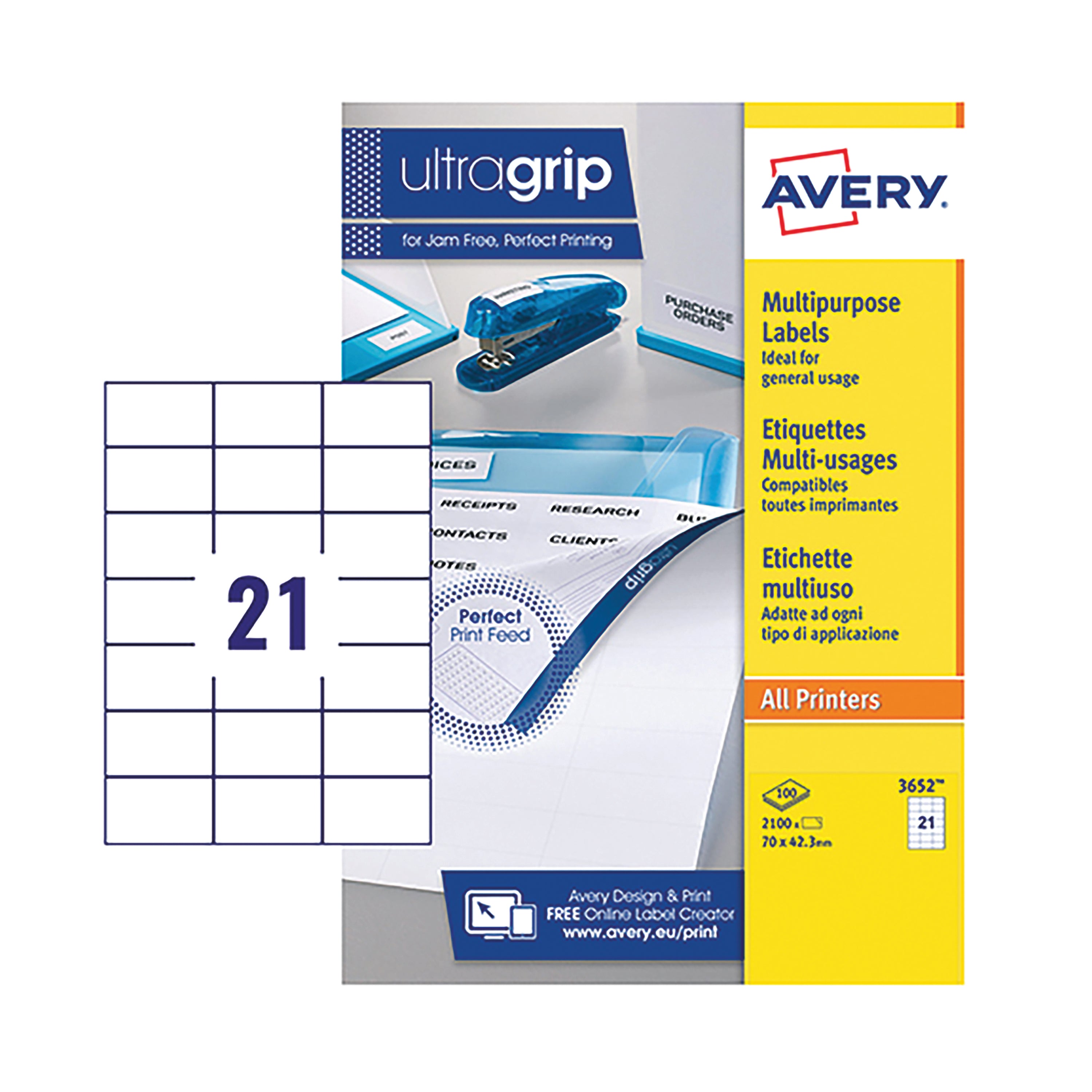 A sheet of 21 Avery 3652 labels for laser and inkjet printers.