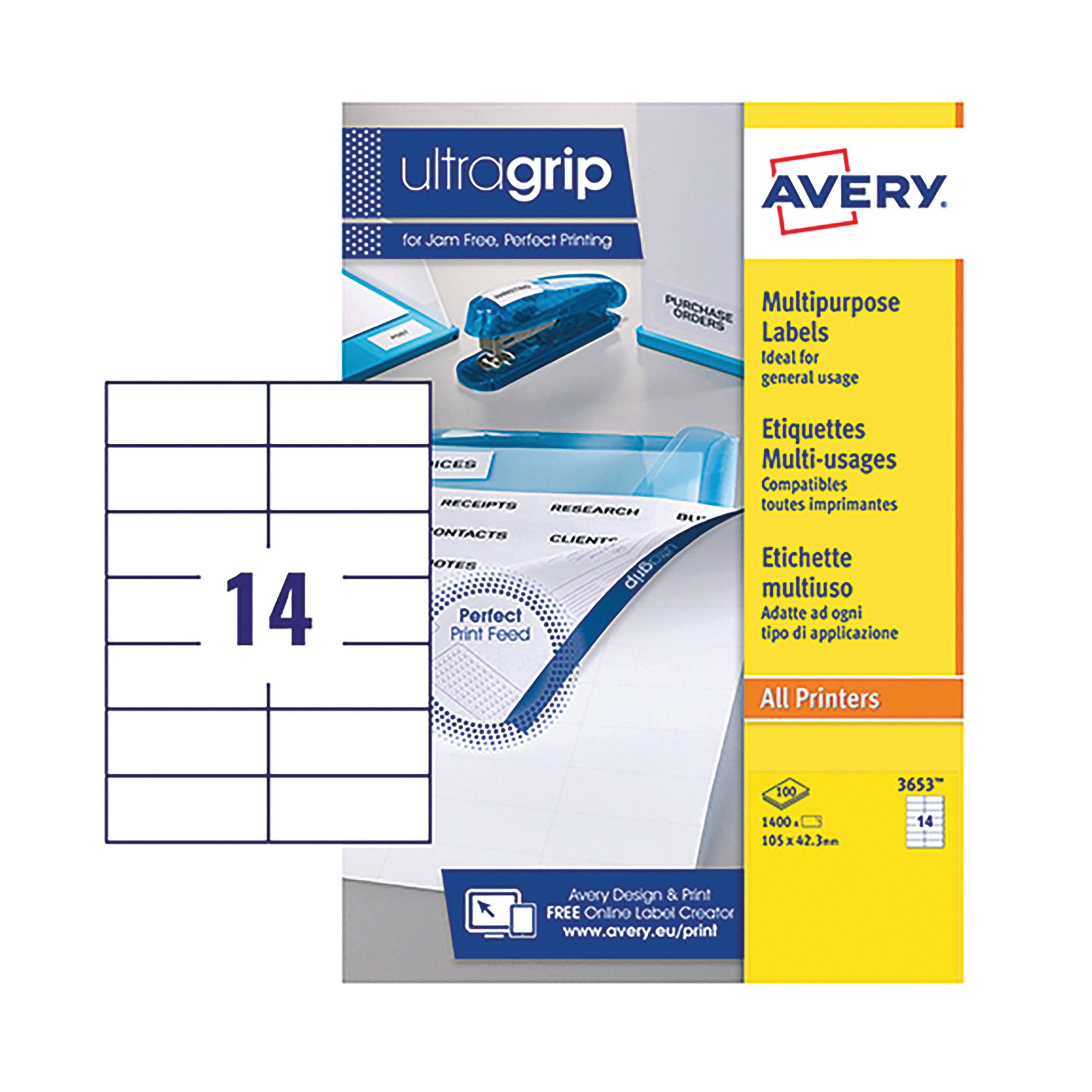 A sheet of Avery 3653 white labels for both inkjet and laser printers.