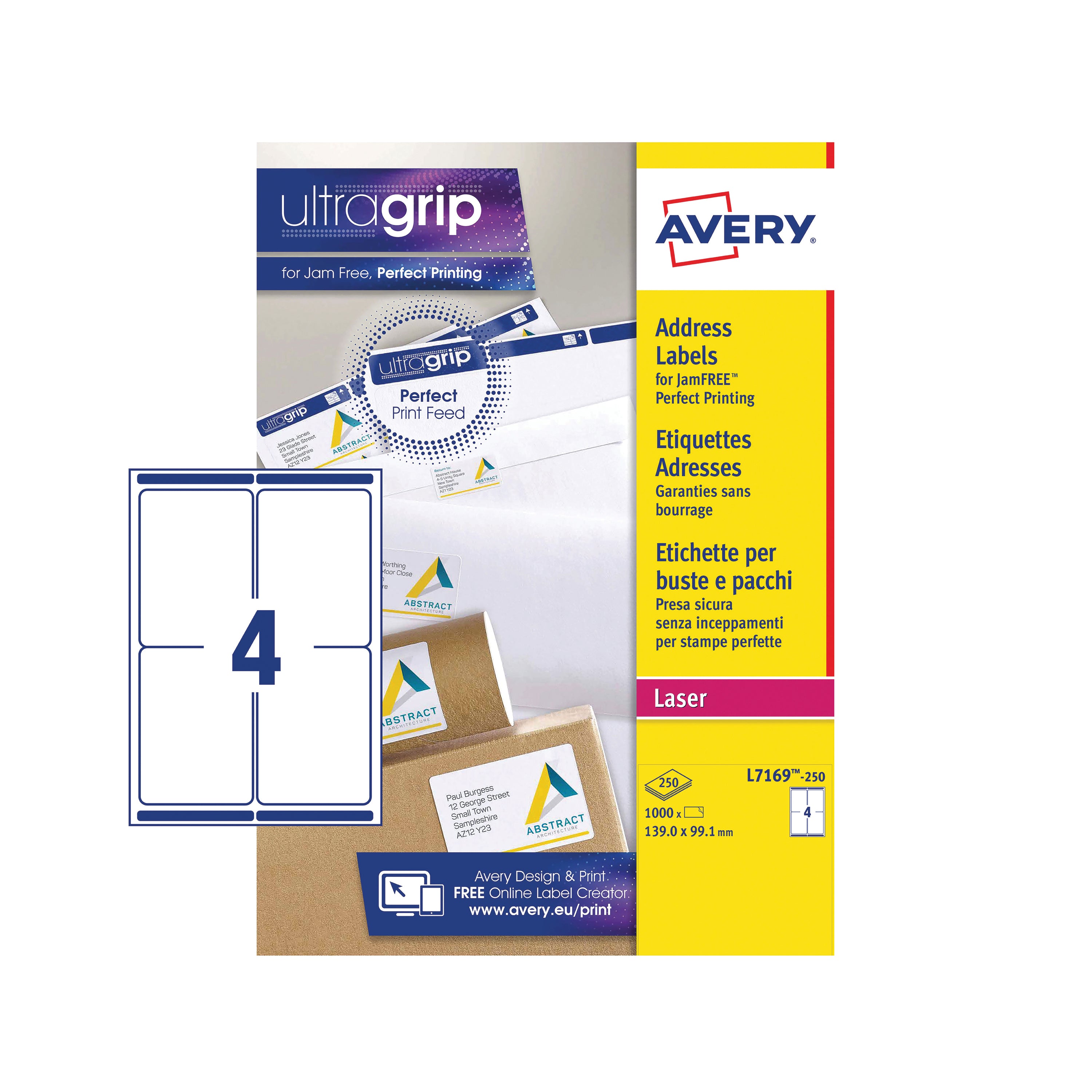 A sheet of 4 large Avery L7169 shipping labels with Ultragrip feature.