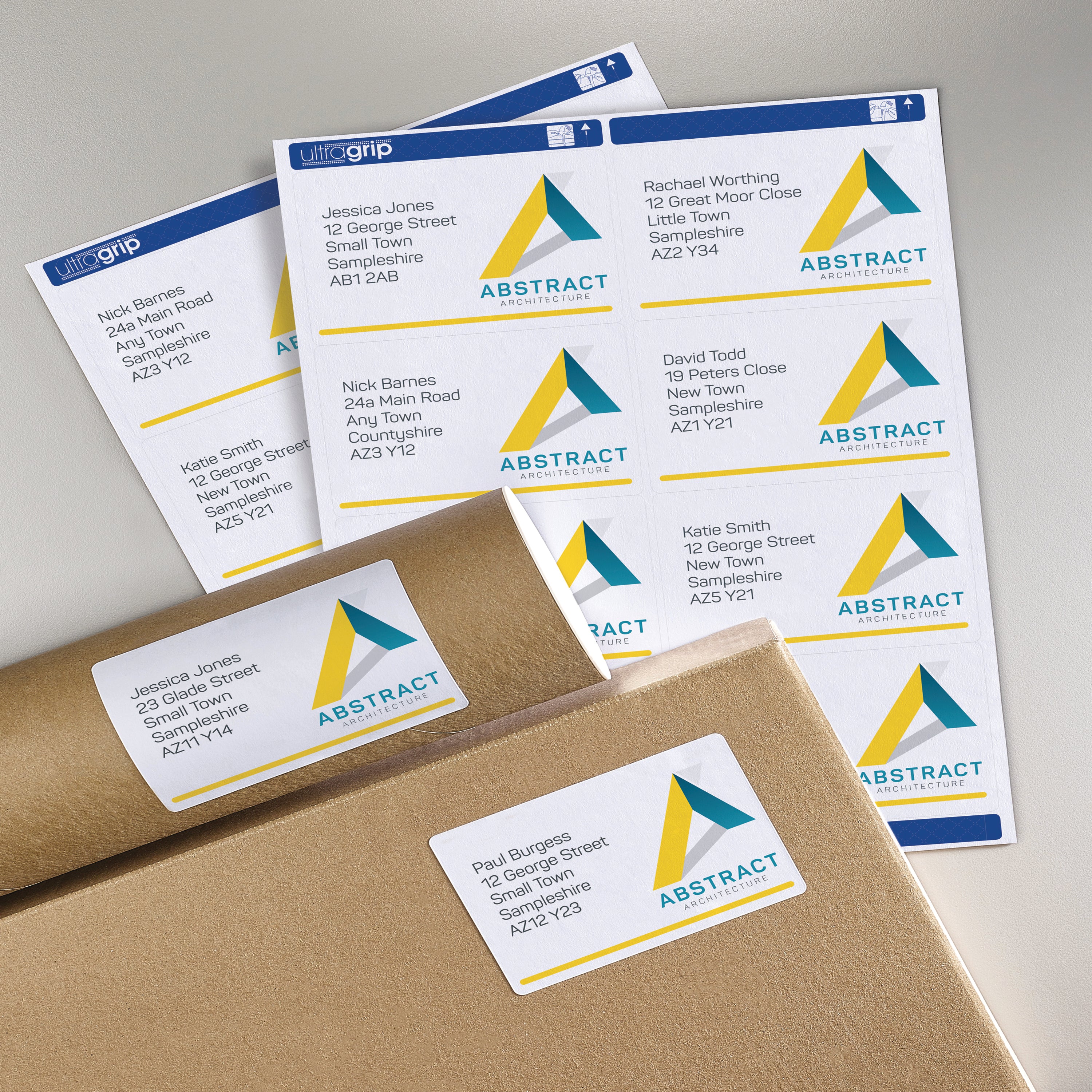 A large shipping box featuring a professionally printed Avery L7169 label.