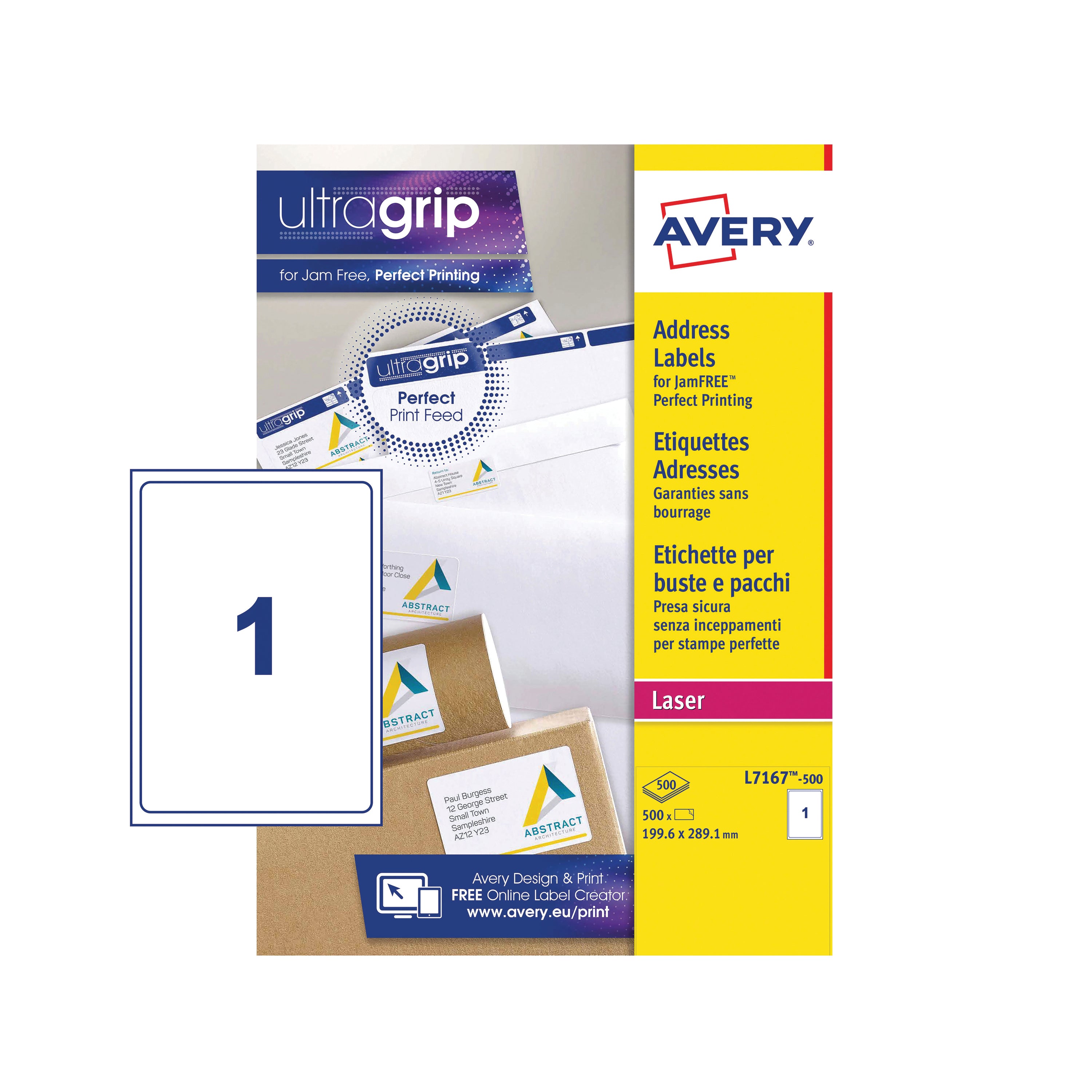 A full A4 sheet Avery L7167 label with the signature Ultragrip edge.