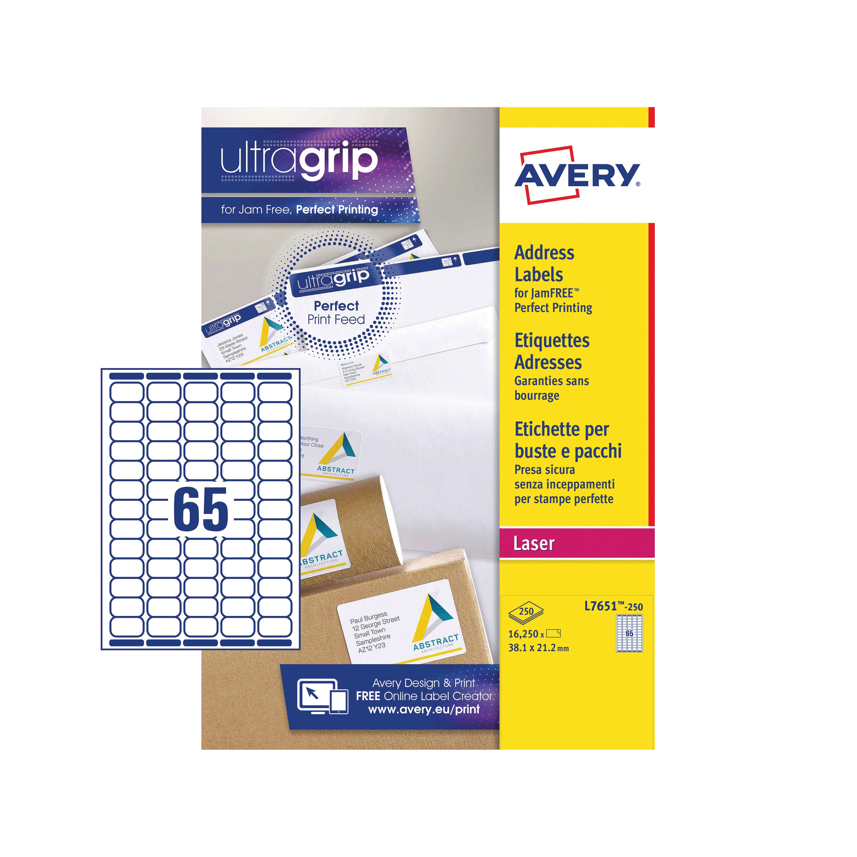 A single sheet of Avery L7651 labels, showing 65 small labels.