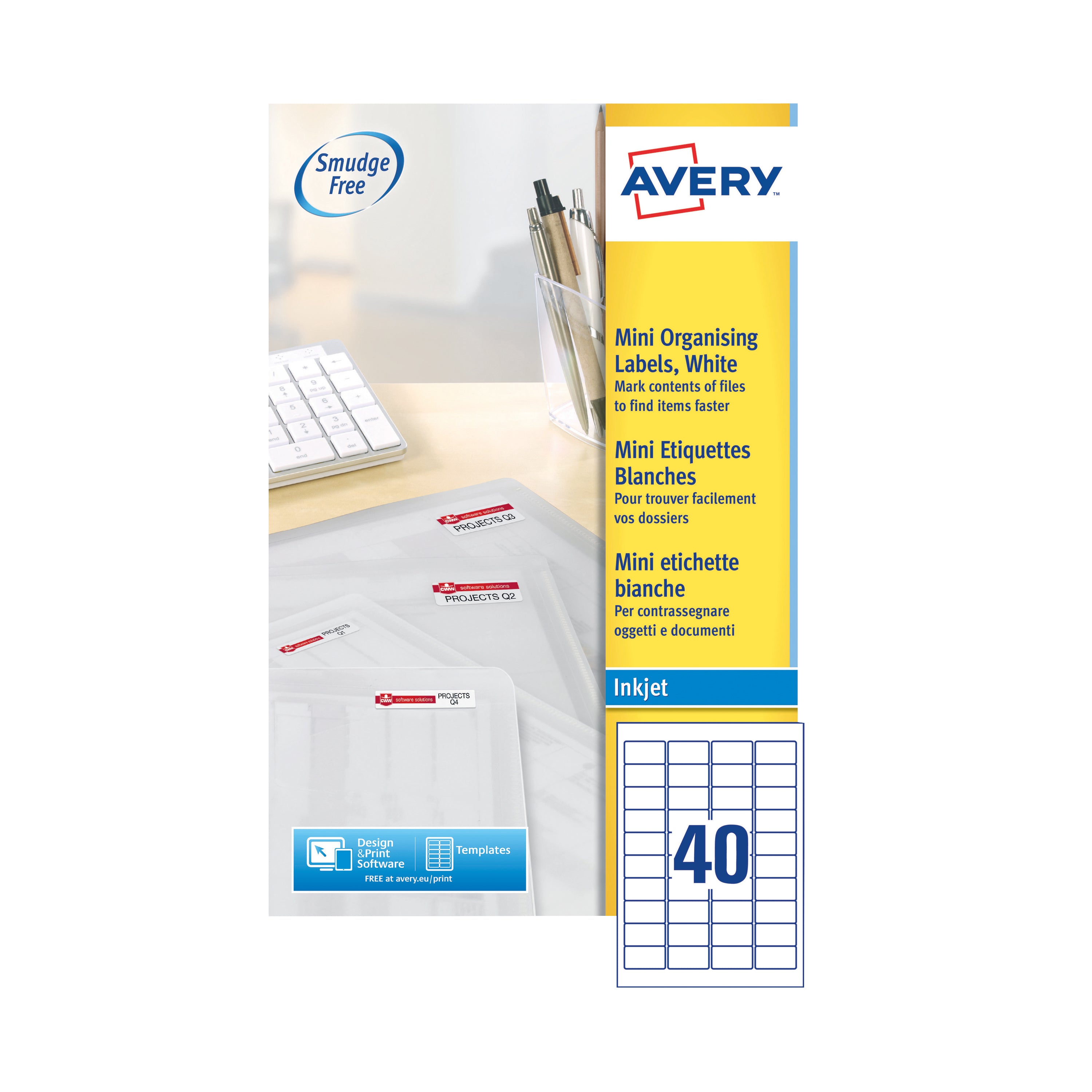 Pack of Avery J8654-25 inkjet mini labels, 40 per sheet.