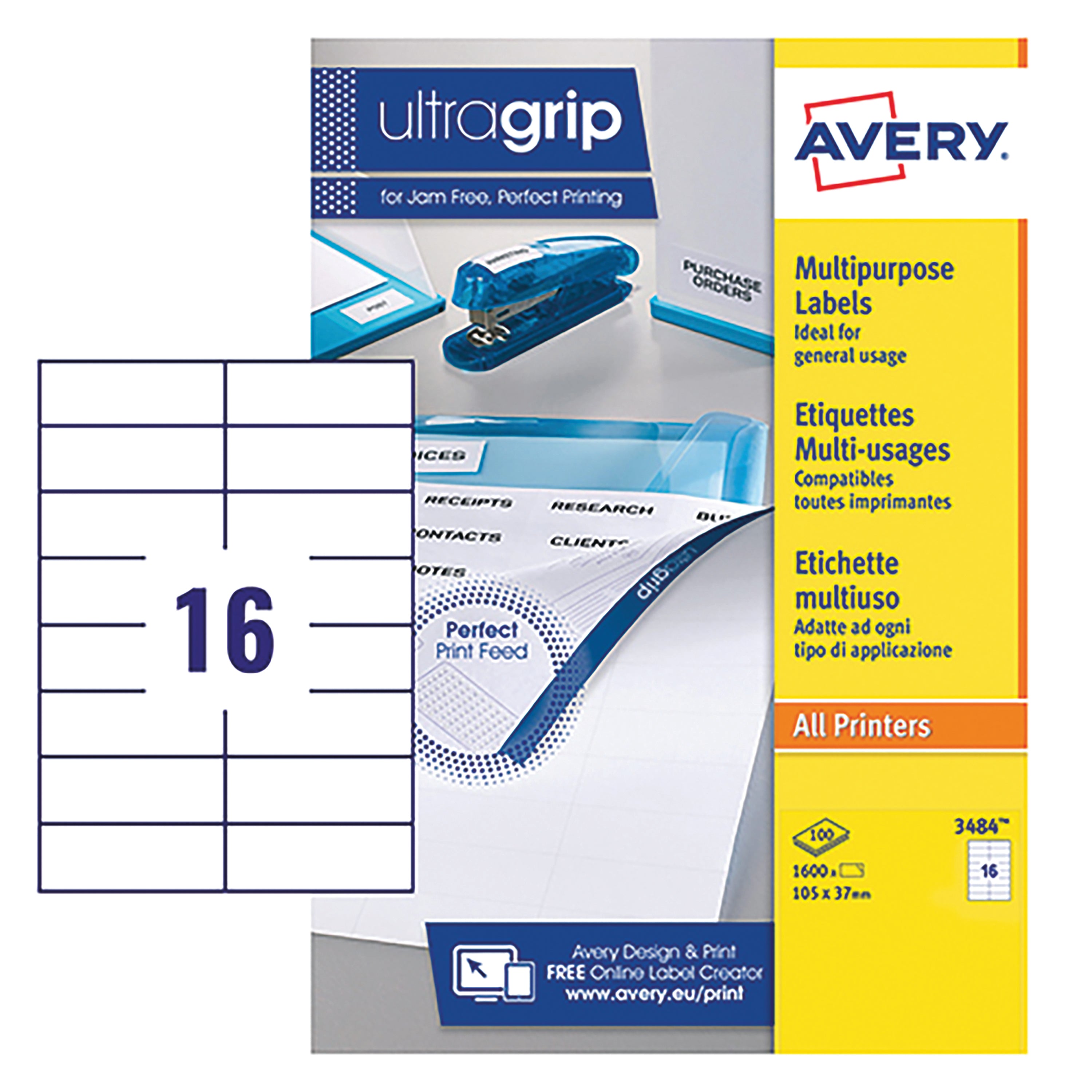 A sheet of 16 Avery DPS16W labels with the blue Ultragrip pattern.