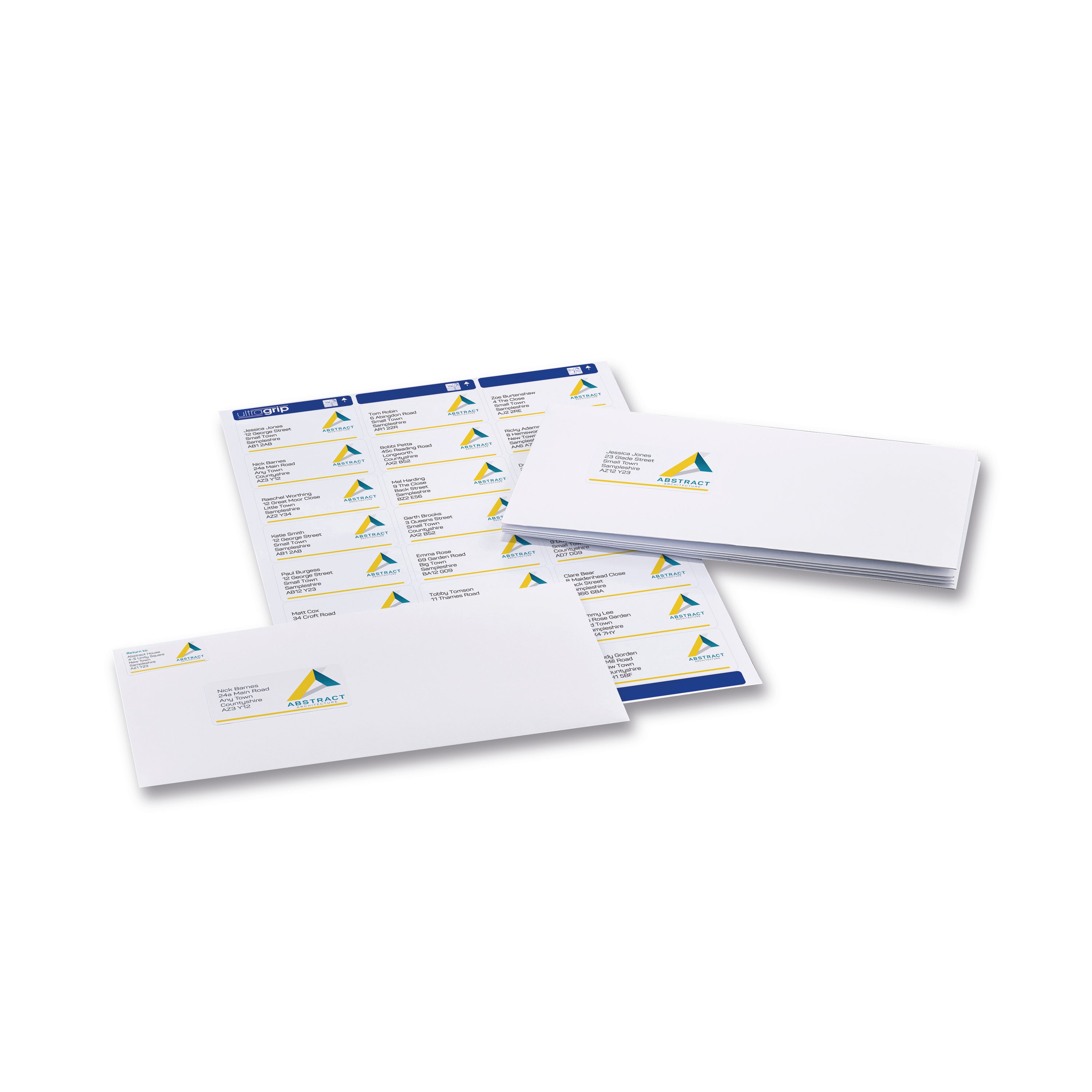 Avery L7159 labels being loaded into a laser printer tray.
