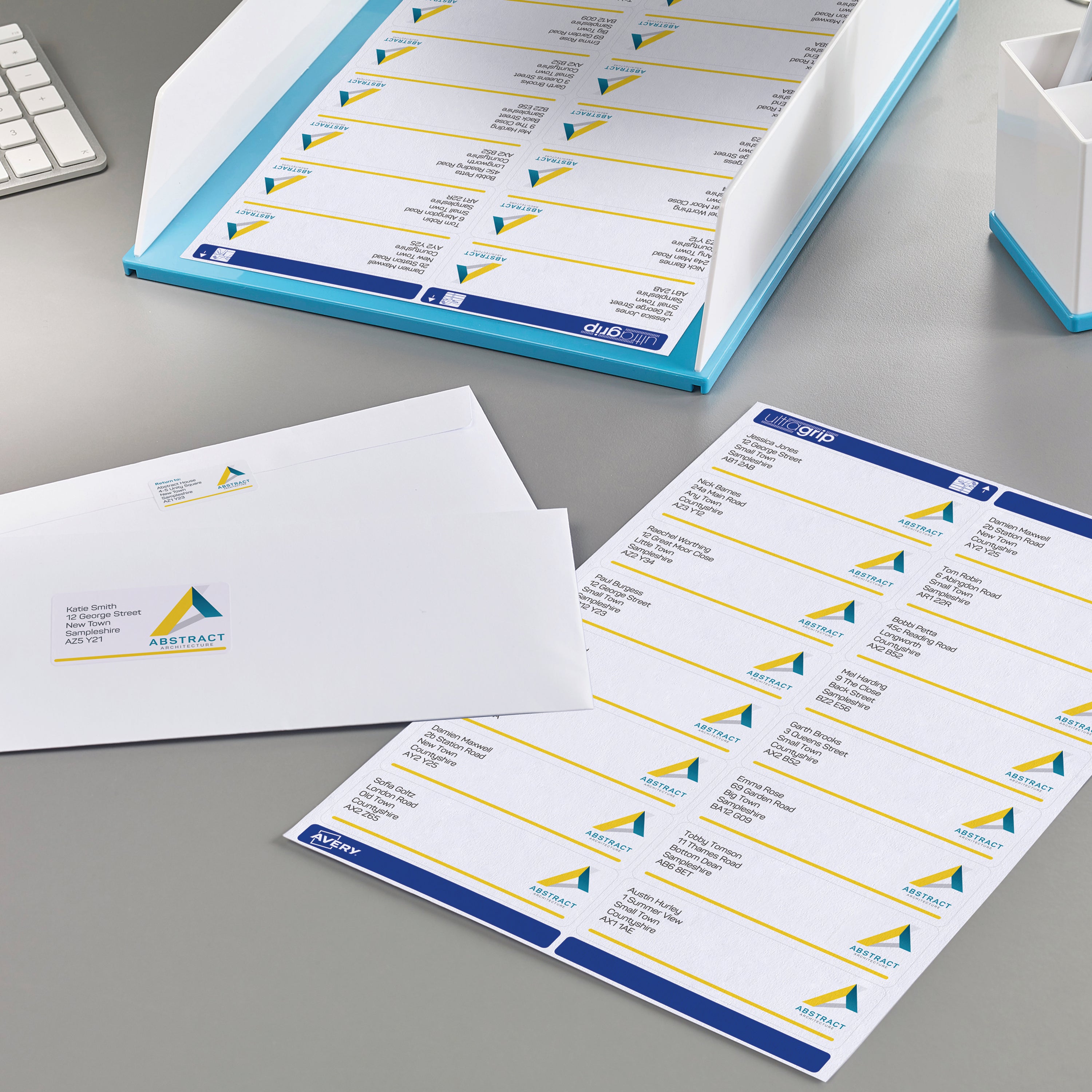 An organized office setting showing Avery labels in use on documents.