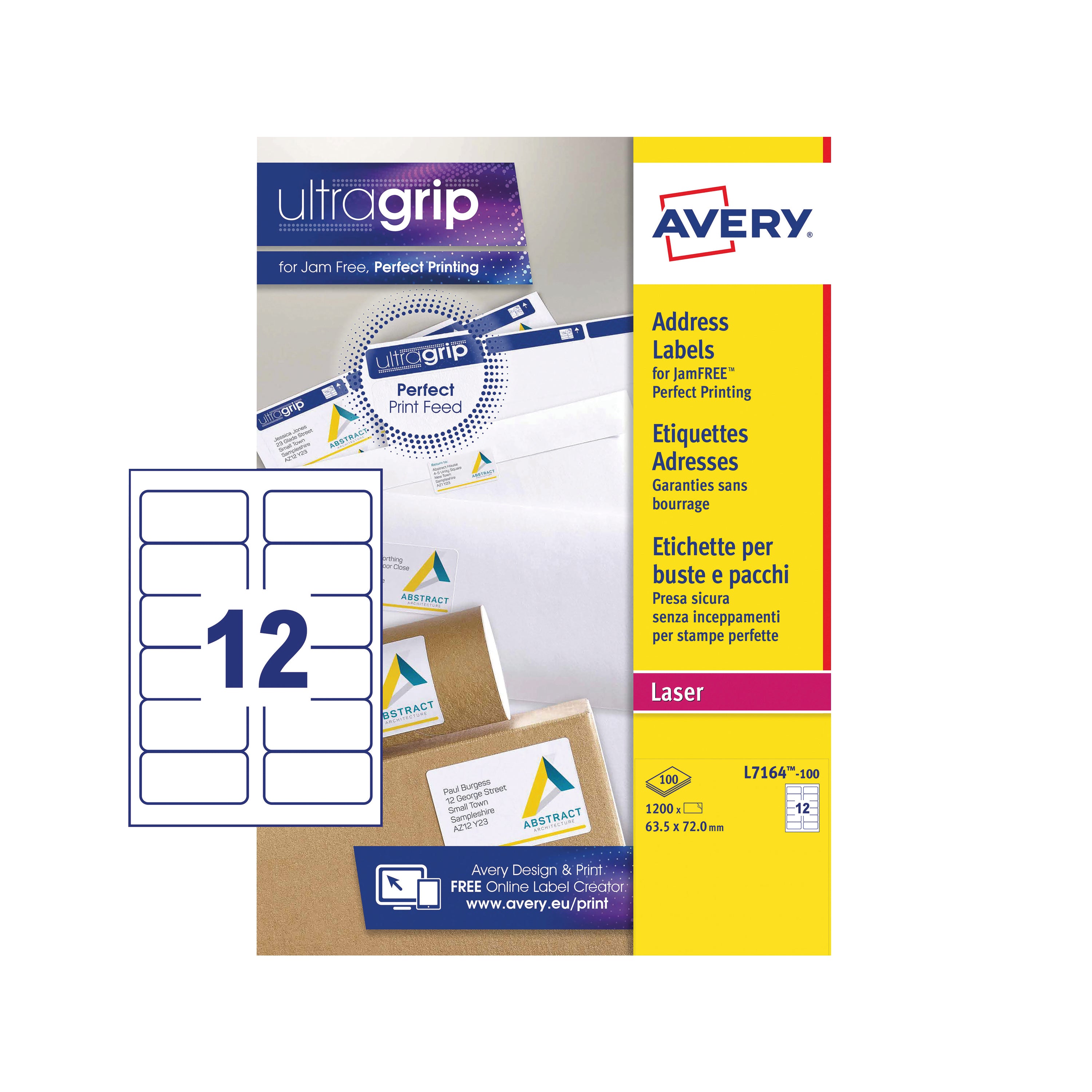 A sheet of 12 Avery L7164 Ultragrip labels for larger applications.