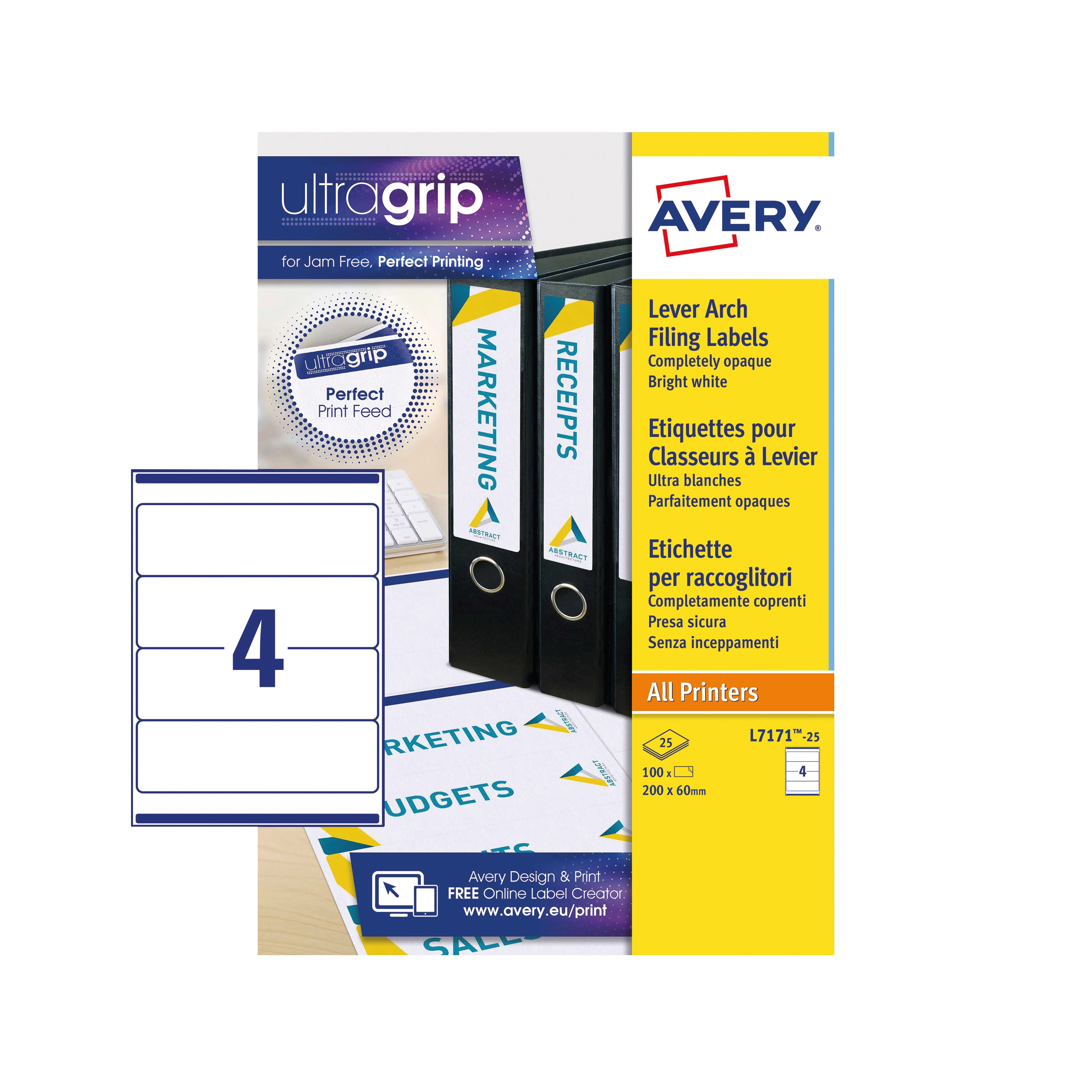A sheet of Avery L7171 BlockOut labels, four per page.