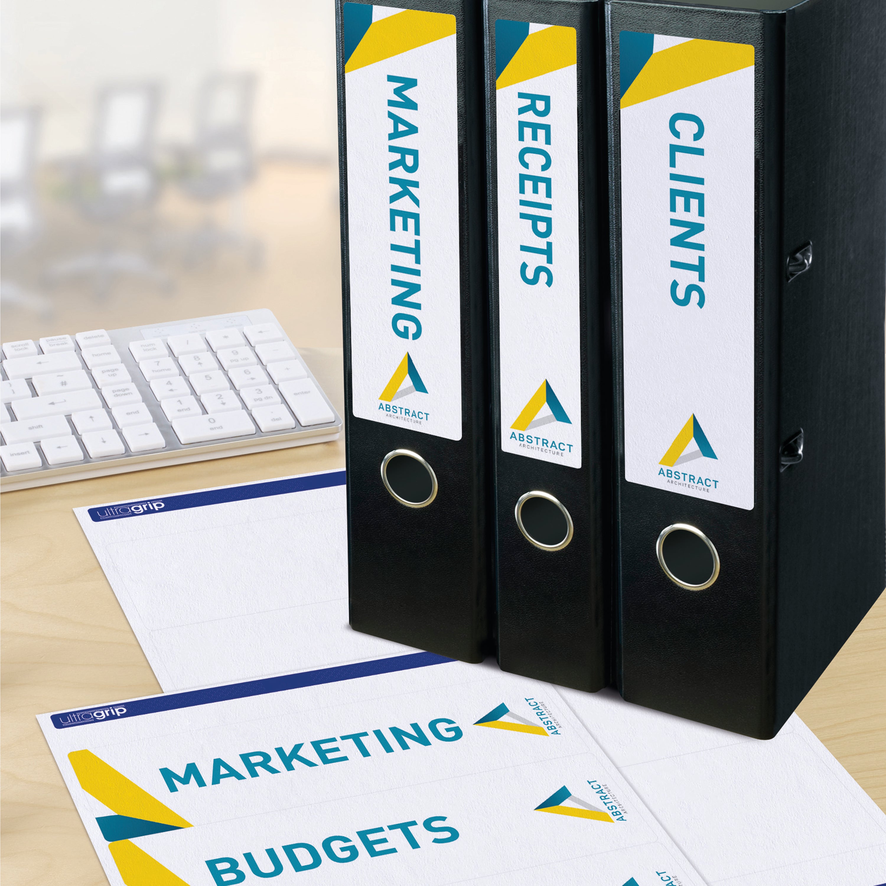 An organized office with binders featuring crisp Avery L7171 labels.