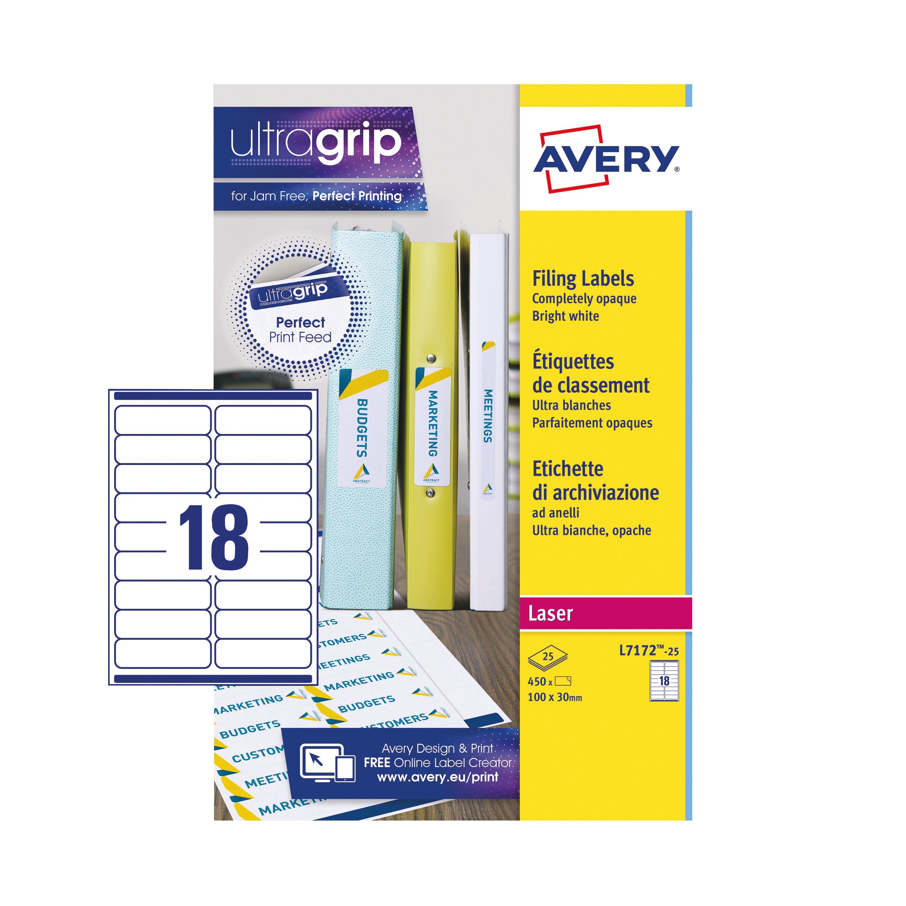 A sheet of Avery L7172 printable white labels for binder organization.