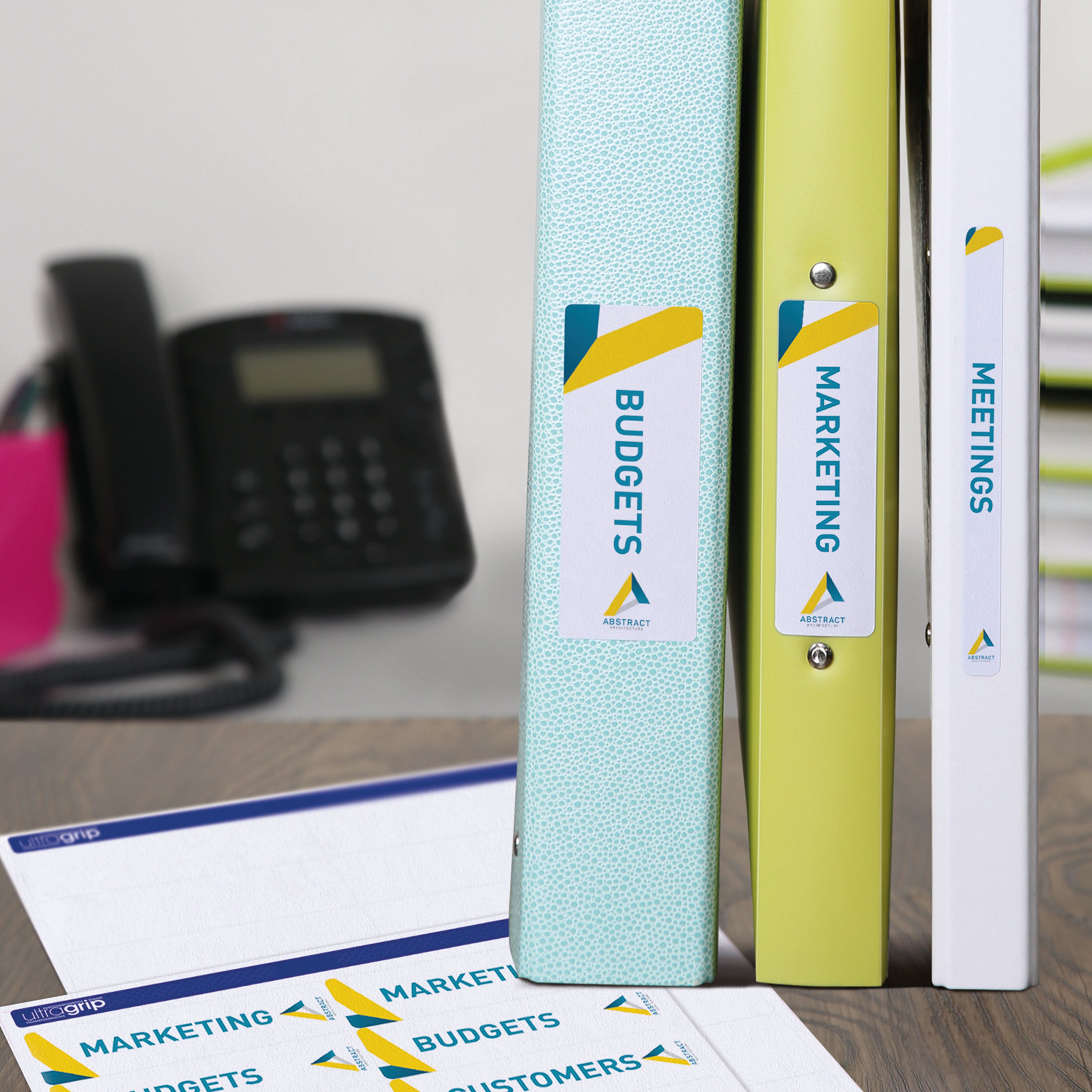 A professional-looking shelf organized with Avery L7172 spine labels.