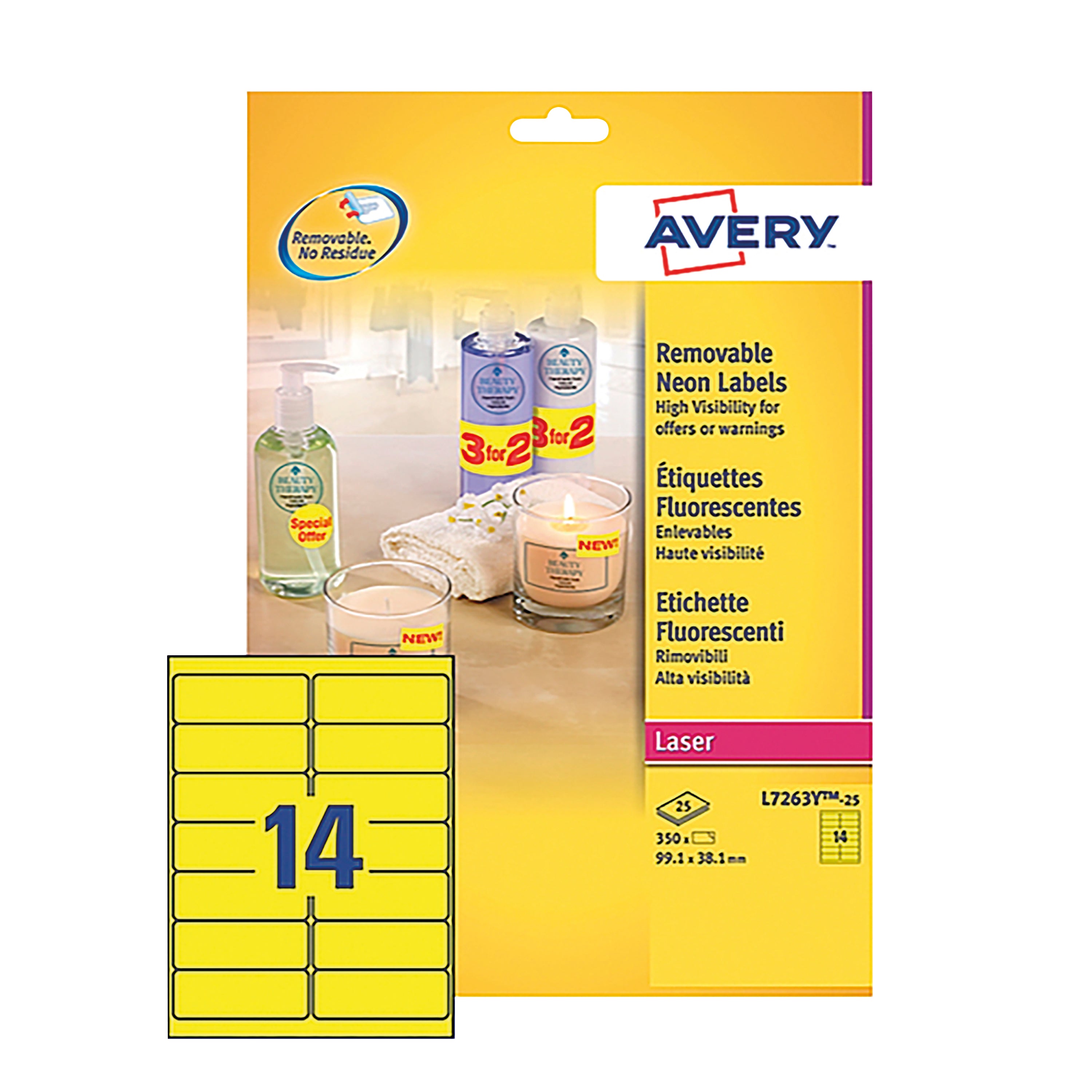 A sheet of 14 Avery L7263 neon yellow labels for high visibility.