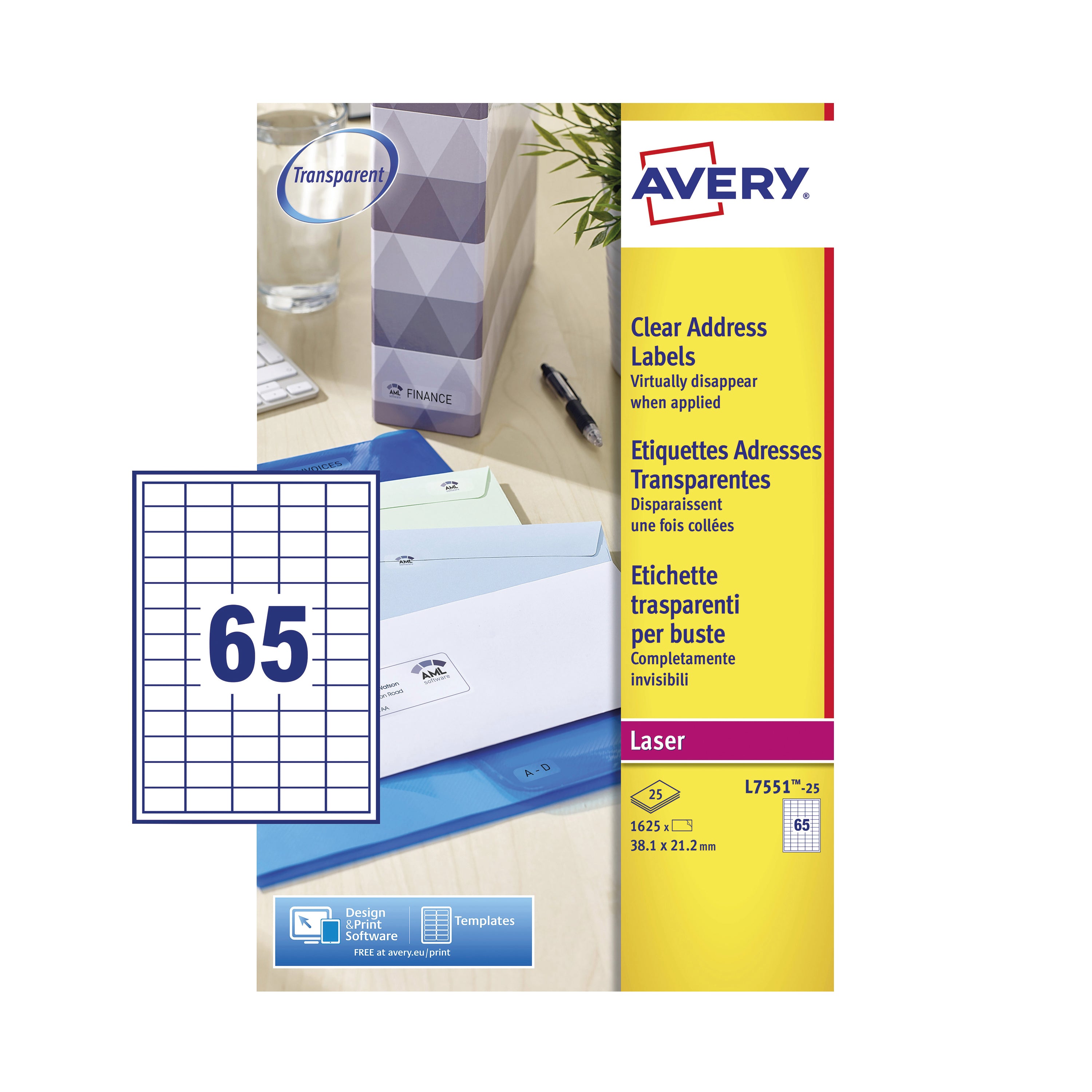 A sheet of 65 small, transparent Avery L7551 labels for a 'no label' look.