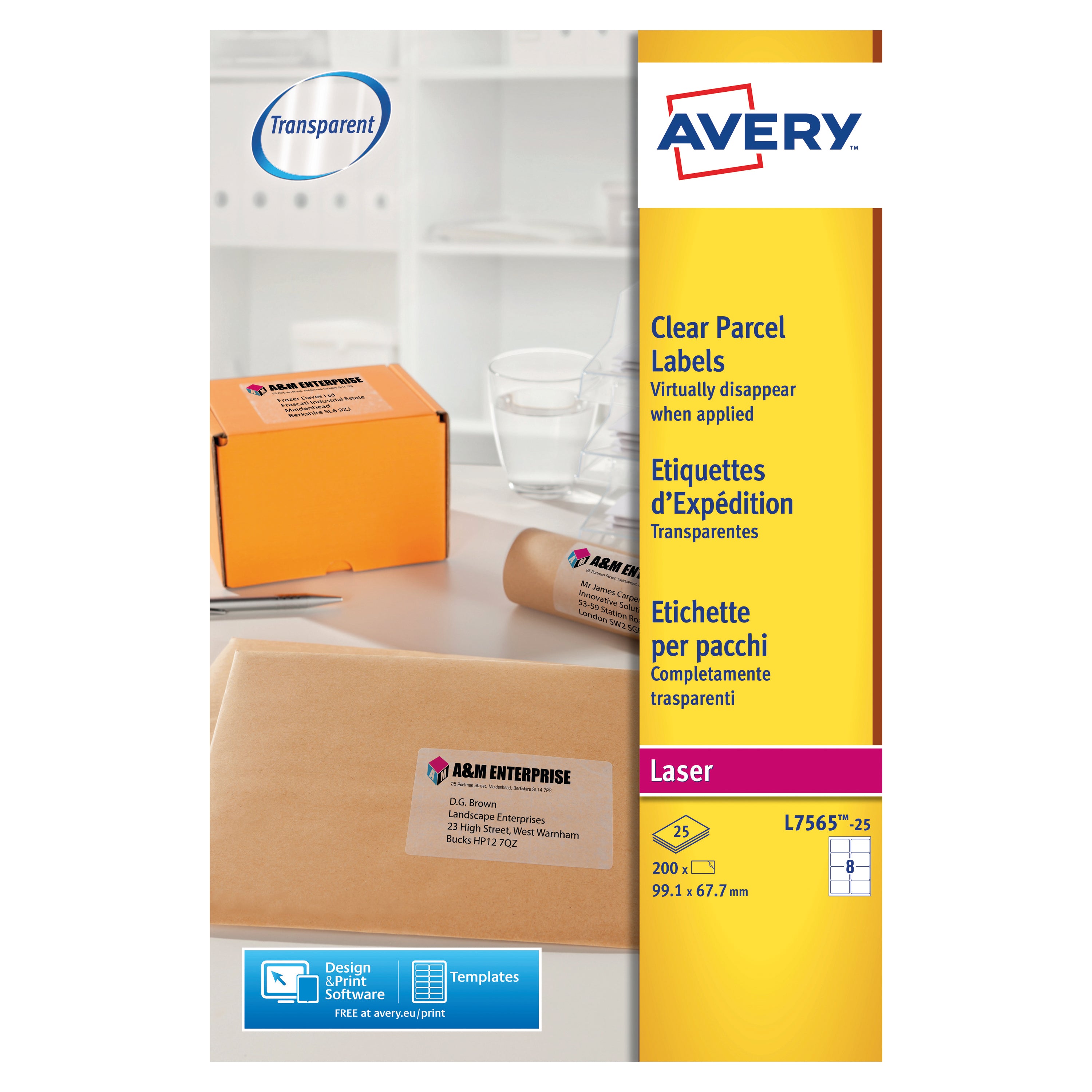 Avery L7565-25 clear laser labels, 8 per sheet, pack of 200.