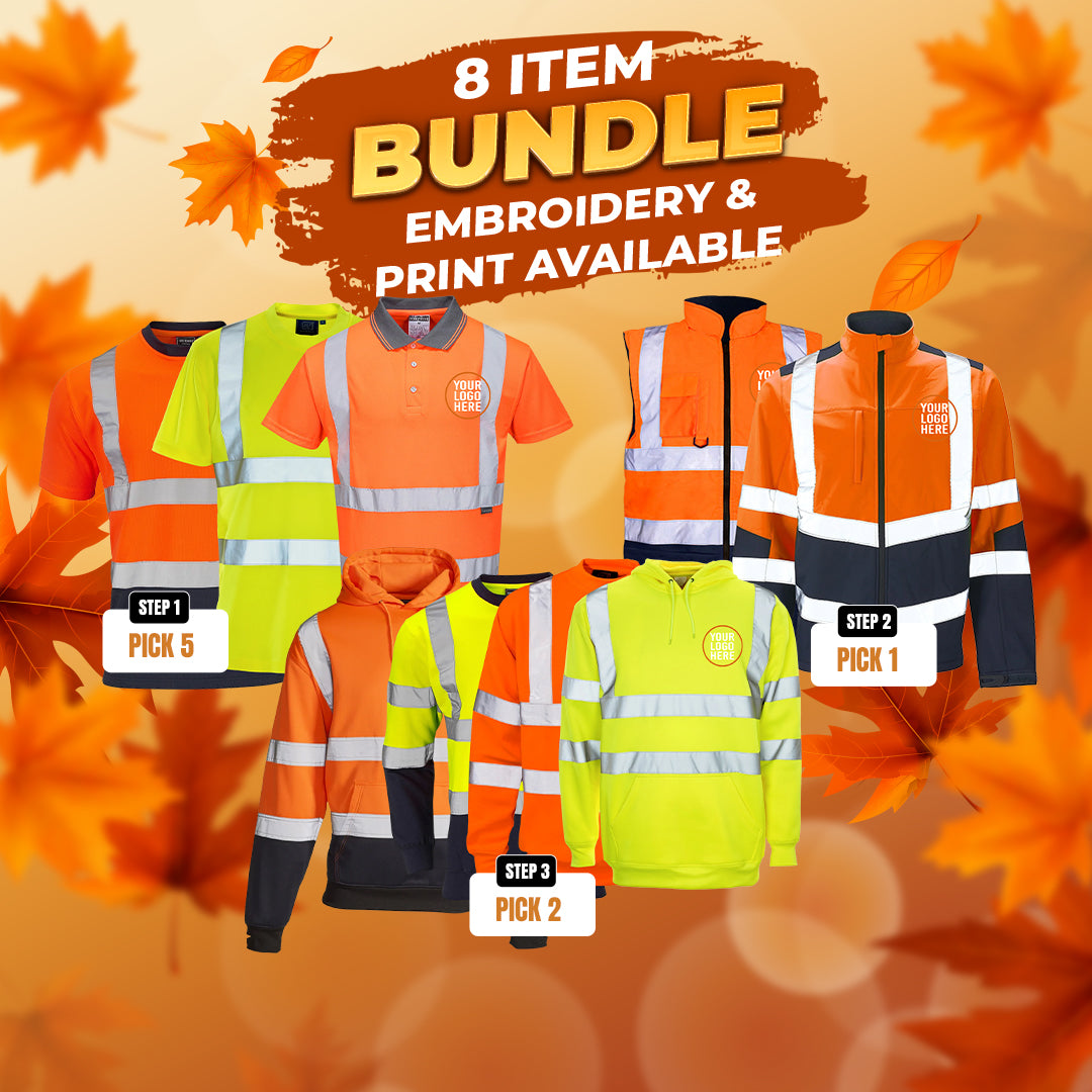 8 Item Embroidered/Printed Hi-Vis Workwear Bundle - Supertouch Polos, T-Shirts, Hoodies & Bodywarmer