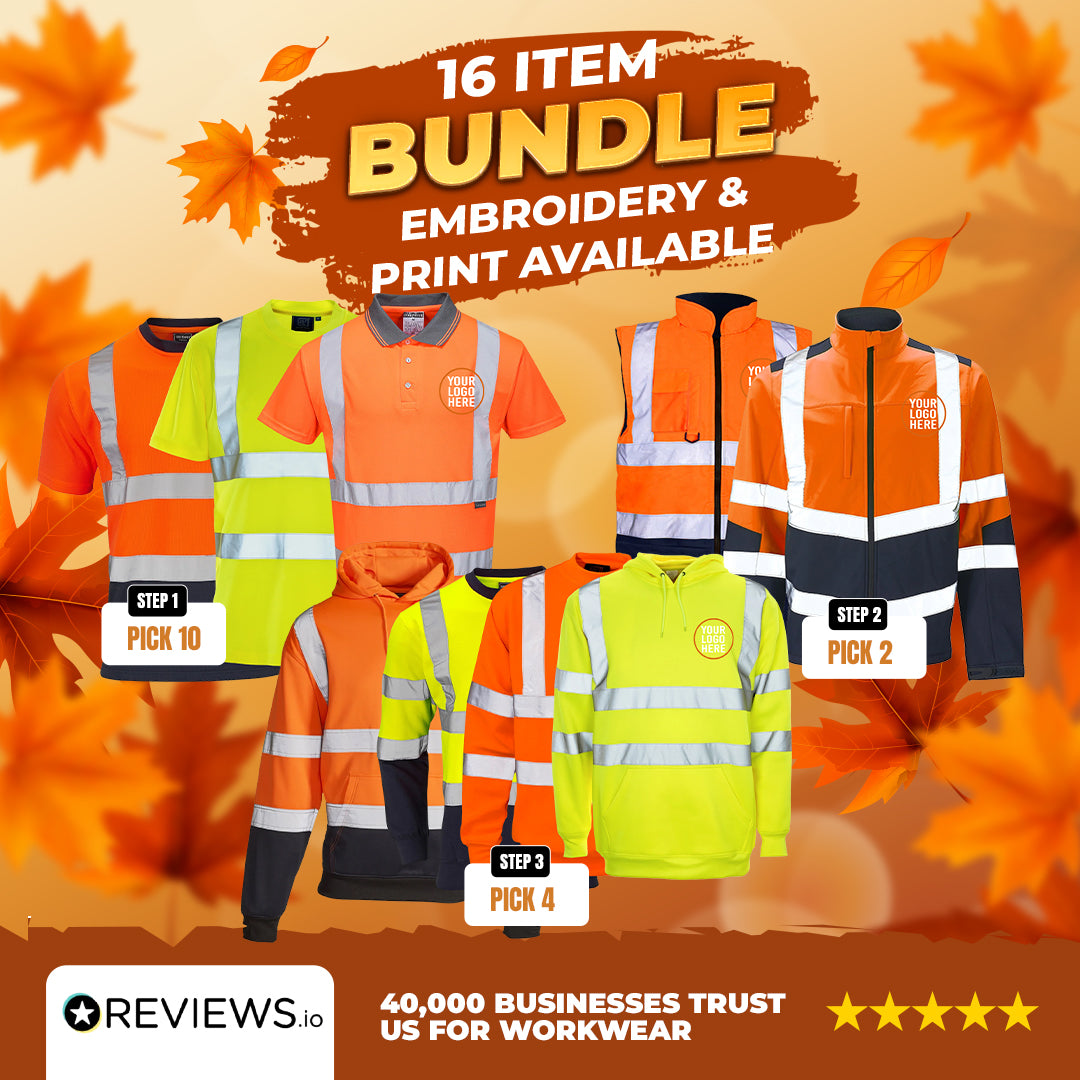 16 Item Embroidered/Printed Hi-Vis Workwear Bundle - Supertouch Polos, T-Shirts, Hoodies & Bodywarmers