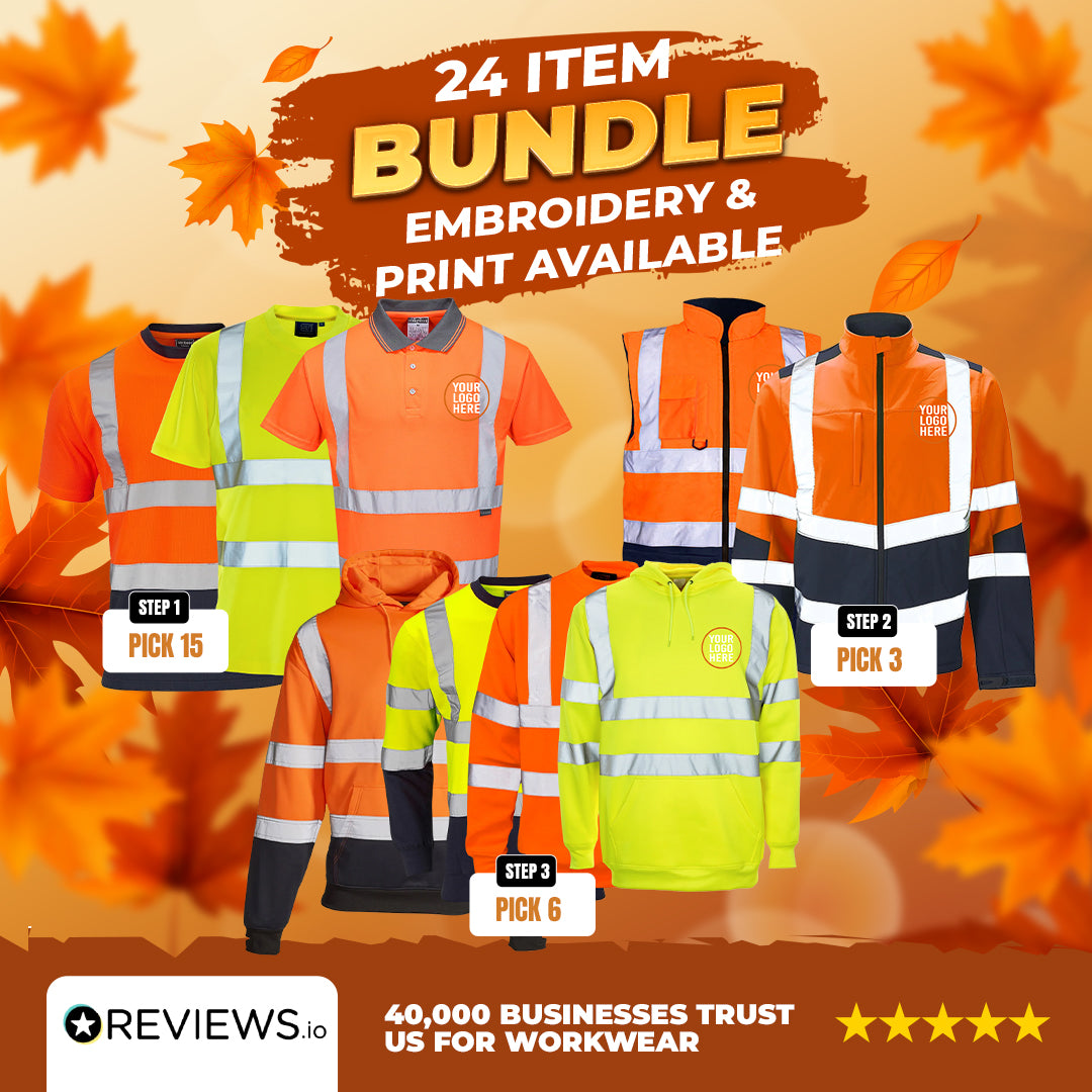 24 Item Embroidered/Printed Hi-Vis Workwear Bundle - Supertouch Polos, T-Shirts, Hoodies & Bodywarmers