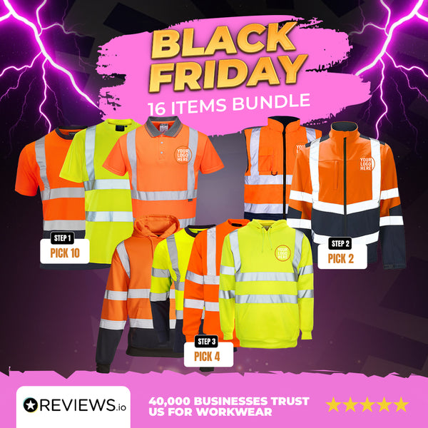16 Item Embroidered/Printed Hi-Vis Workwear Bundle - Supertouch Polos, T-Shirts, Hoodies & Bodywarmers