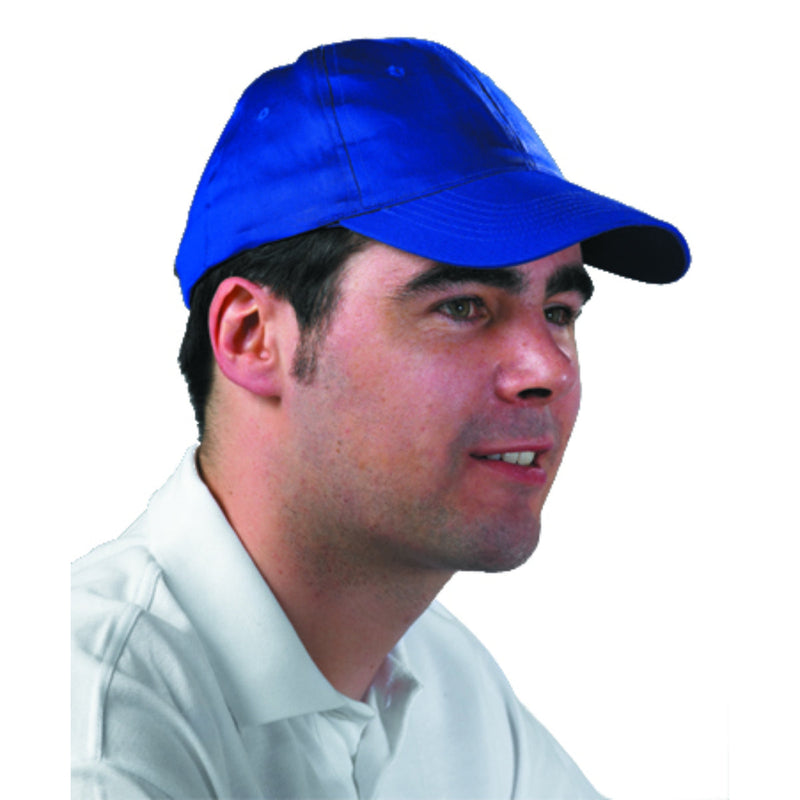 Man wearing the blue Portwest Six-Panel Baseball Cap (B010) at a work site.