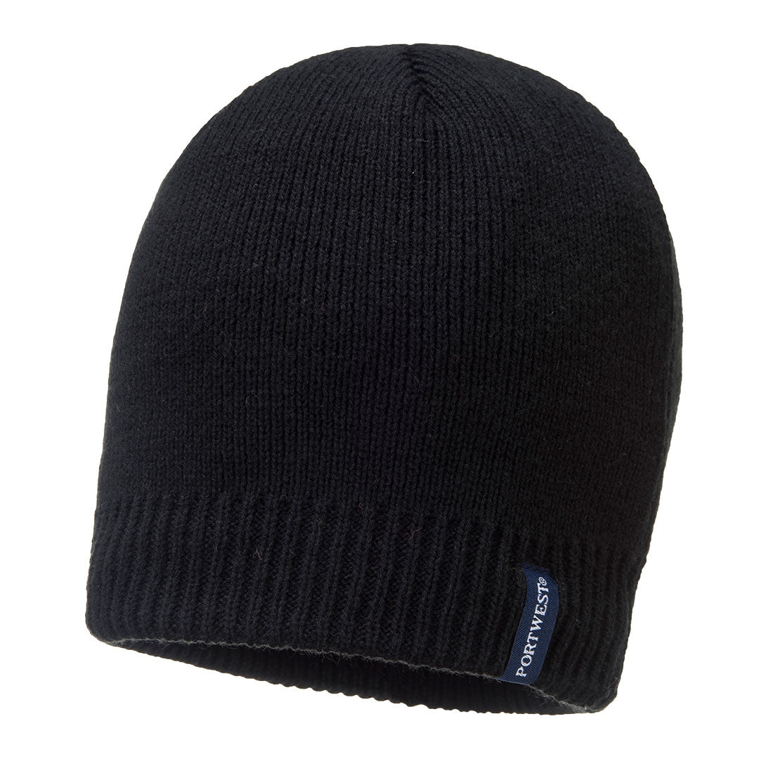 Black blue knitted beanie with ribbed edge and subtle Portwest branding for cold weather comfort