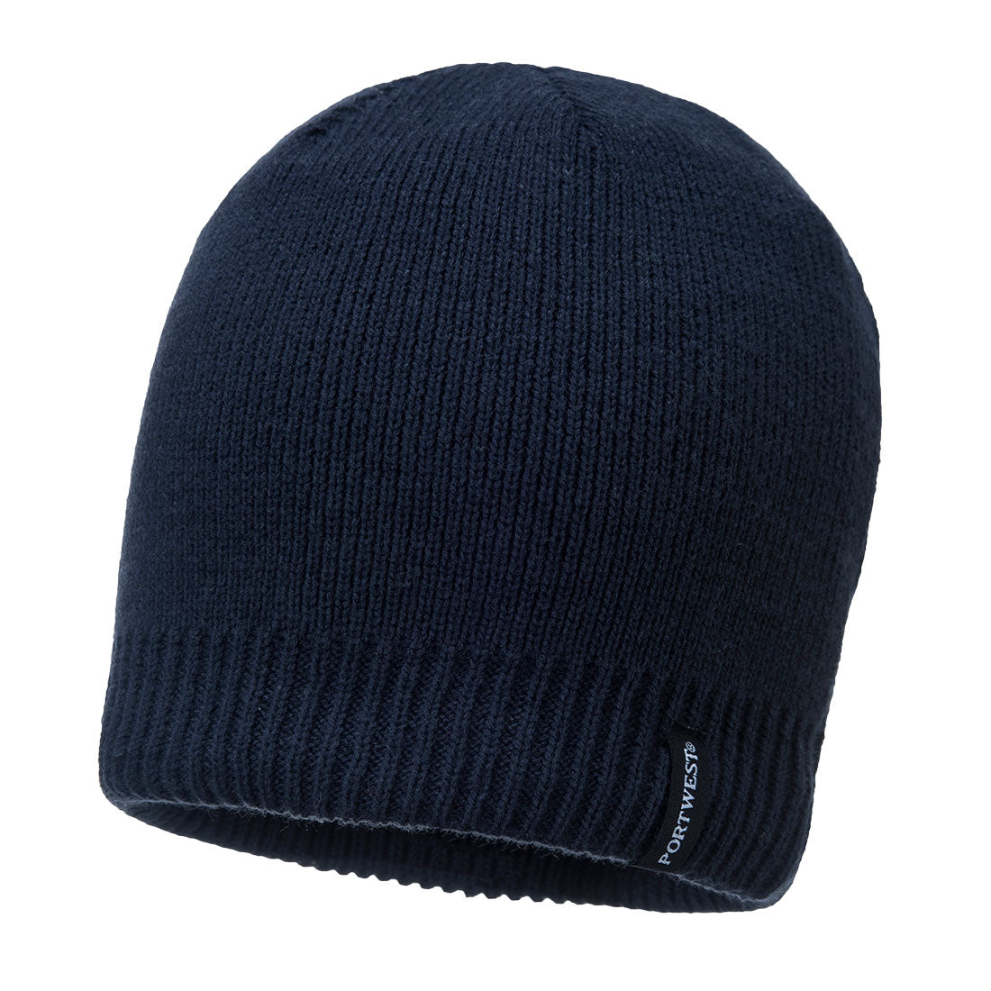 Navy blue knitted beanie with ribbed edge and subtle Portwest branding for cold weather comfort