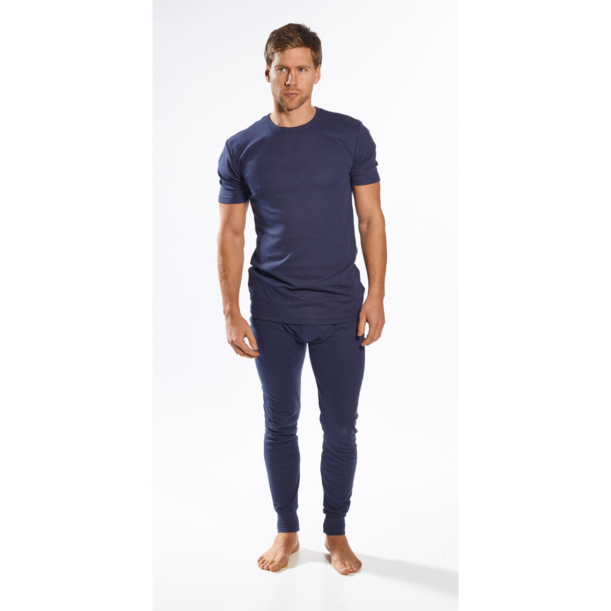 Men’s navy ribbed thermal short-sleeve crew-neck top and matching leggings, full-length front view