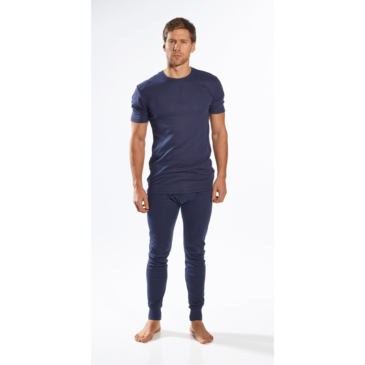 Back view of men’s navy ribbed thermal short-sleeve crew-neck top and matching leggings
