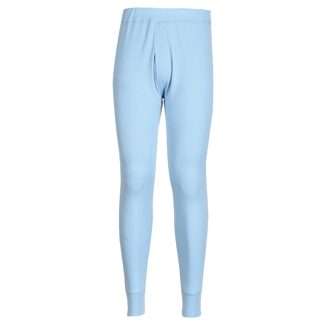 Light blue ribbed thermal leggings with elastic waistband and ankle cuffs, front view