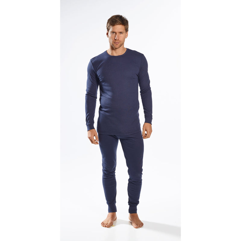 Three-quarter view of men’s navy ribbed thermal long-sleeve top and coordinating leggings