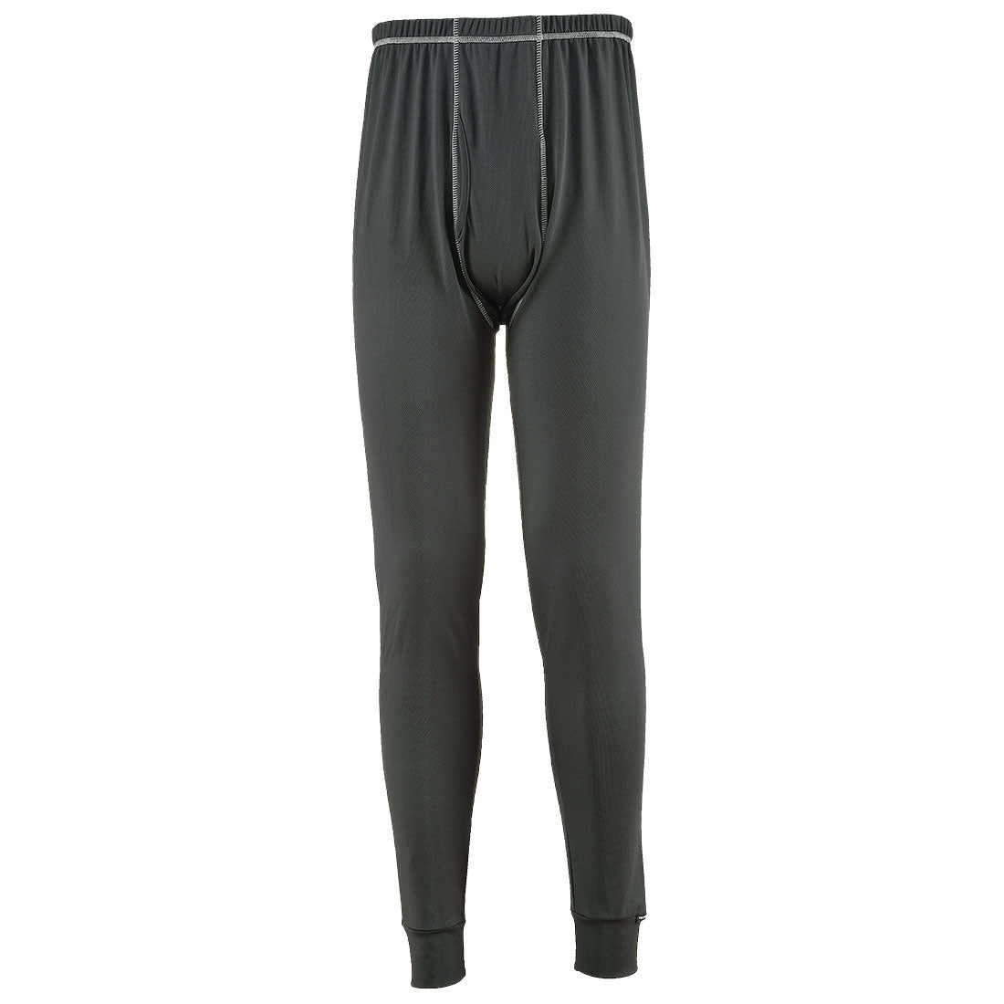 Black waffle-knit thermal leggings with gray flatlock seams and elastic waistband