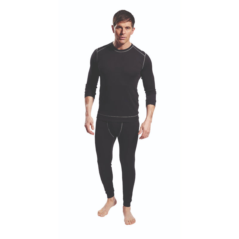 Men’s Black waffle-knit thermal leggings with gray flatlock seams and elastic waistband