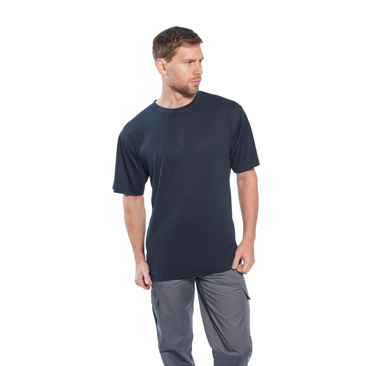 Model showing side view of Portwest C701 Combat Trousers
