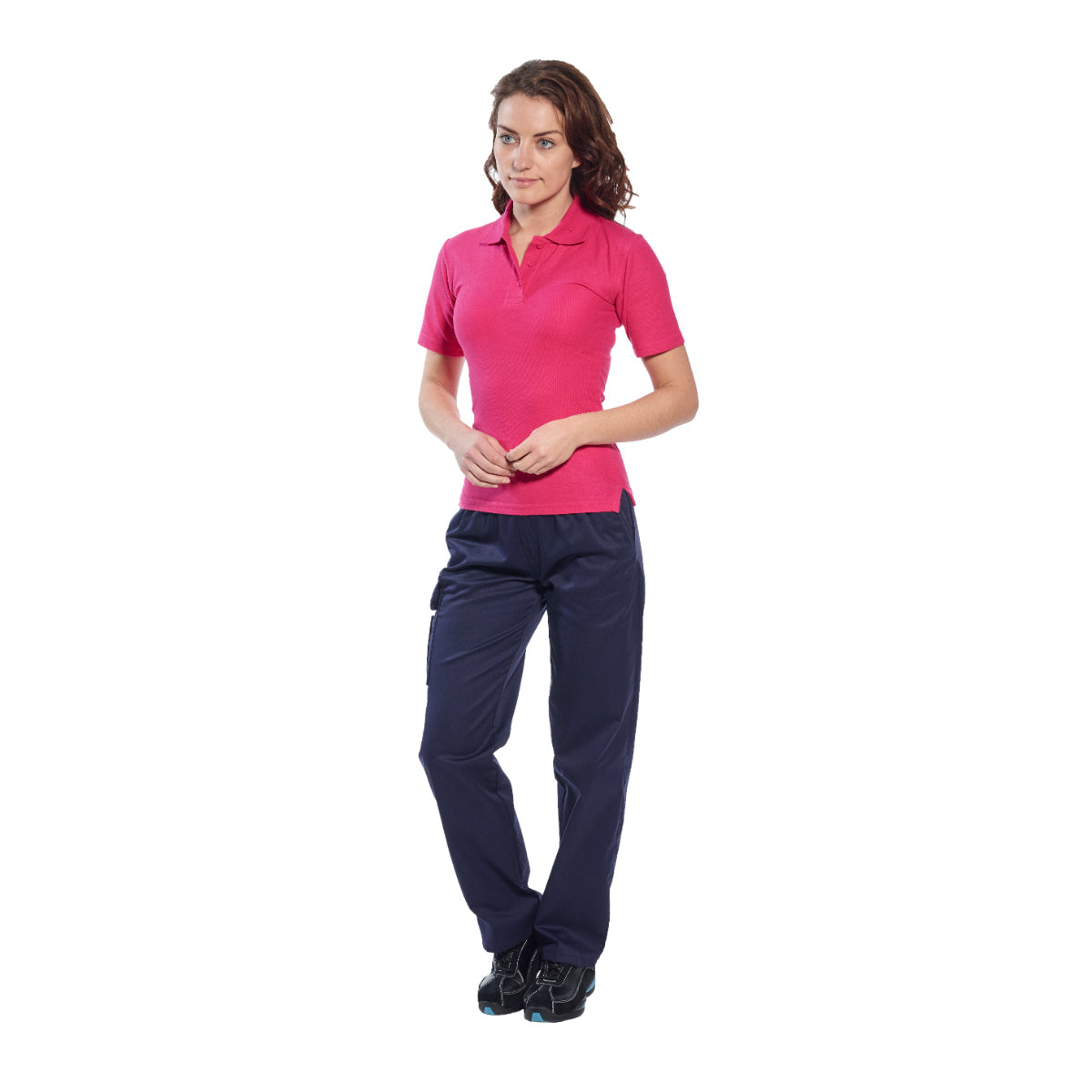 Model showing side profile of Portwest C099 Women's Combat Trousers