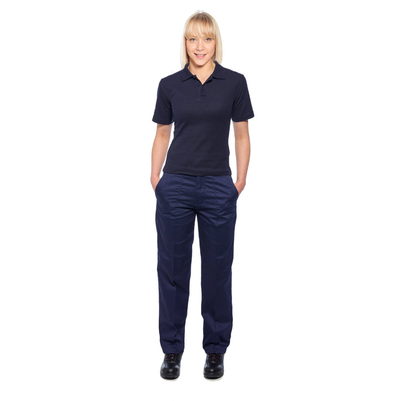 Side profile of a model showing the fit of the Portwest Women's Elasticated Trouser.