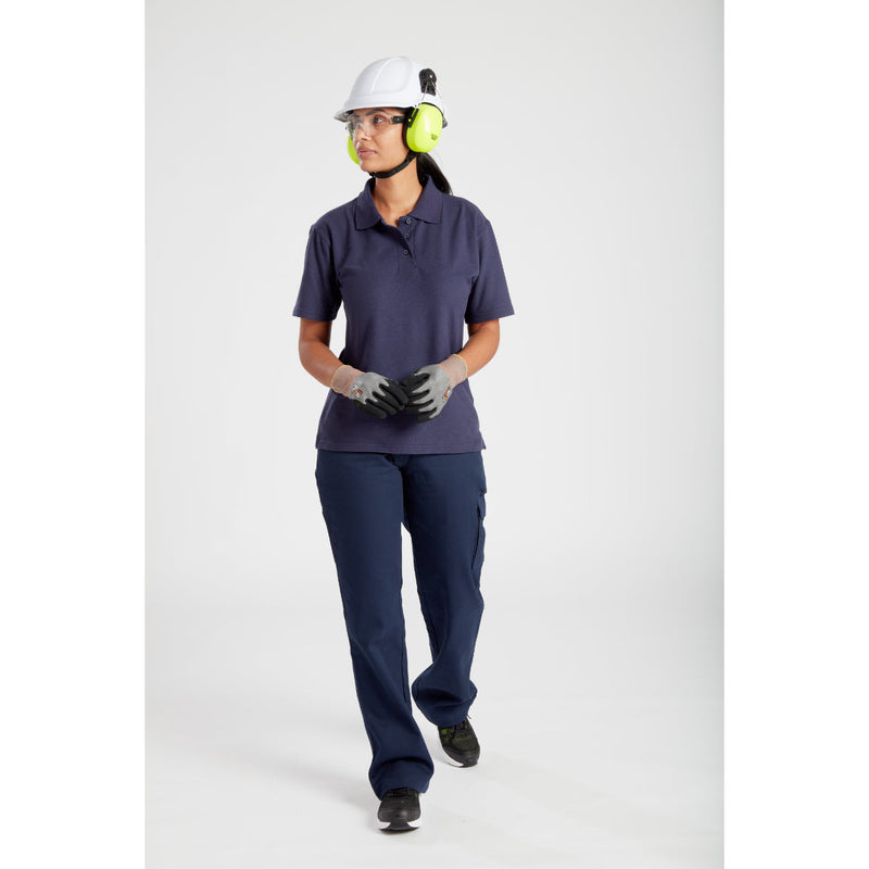Safety trainer, work gloves, and protective workwear arranged for industrial use