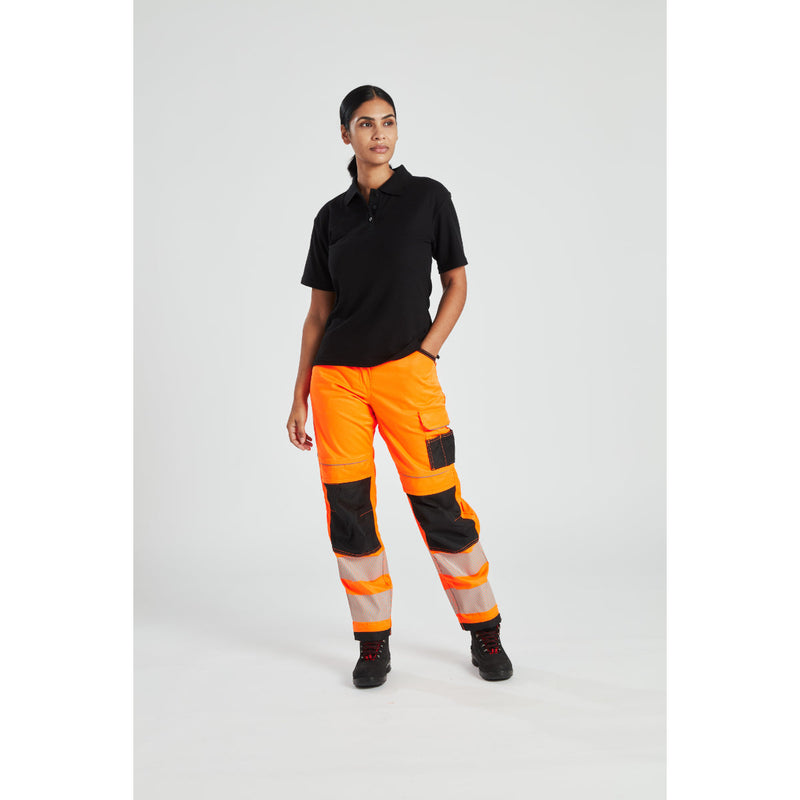 Rear view of a model in the PW3 Hi-Vis Women's Stretch Trouser.