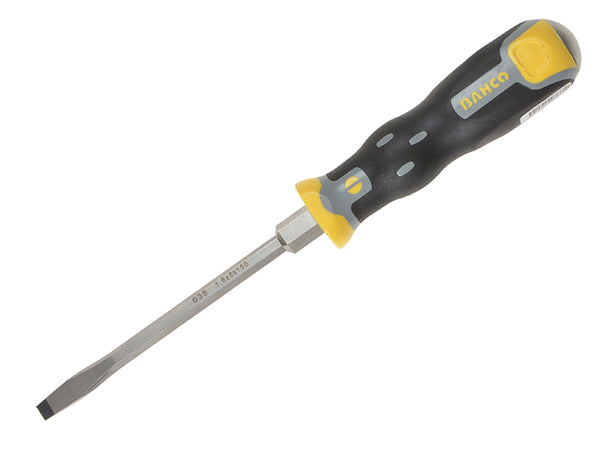 Bahco Tekno through-shank screwdriver with an 8.0mm flared slotted tip for high torque.