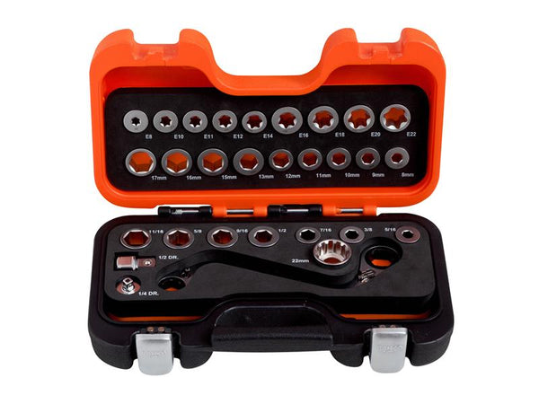 The Bahco 29-piece ratchet wrench set is shown open, with all pieces clearly visible.
