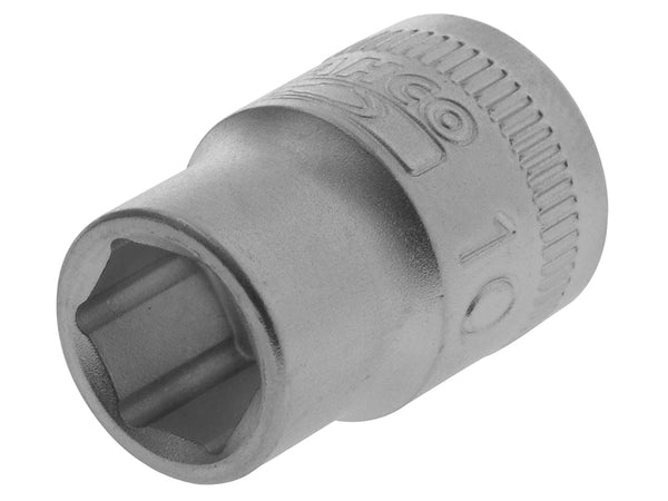 Bahco 1/4-inch drive hexagon socket, 10mm, with a polished chrome finish for durability.