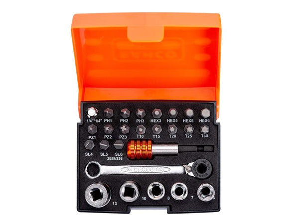 Open case view of the Bahco 26-piece ratchet set, displaying sockets, bits, and the ratchet.