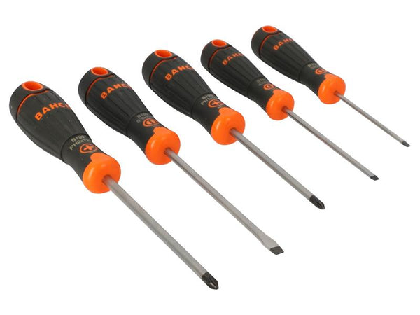 The 5-piece BahcoFit screwdriver set showcased with its ergonomic black and orange handles.